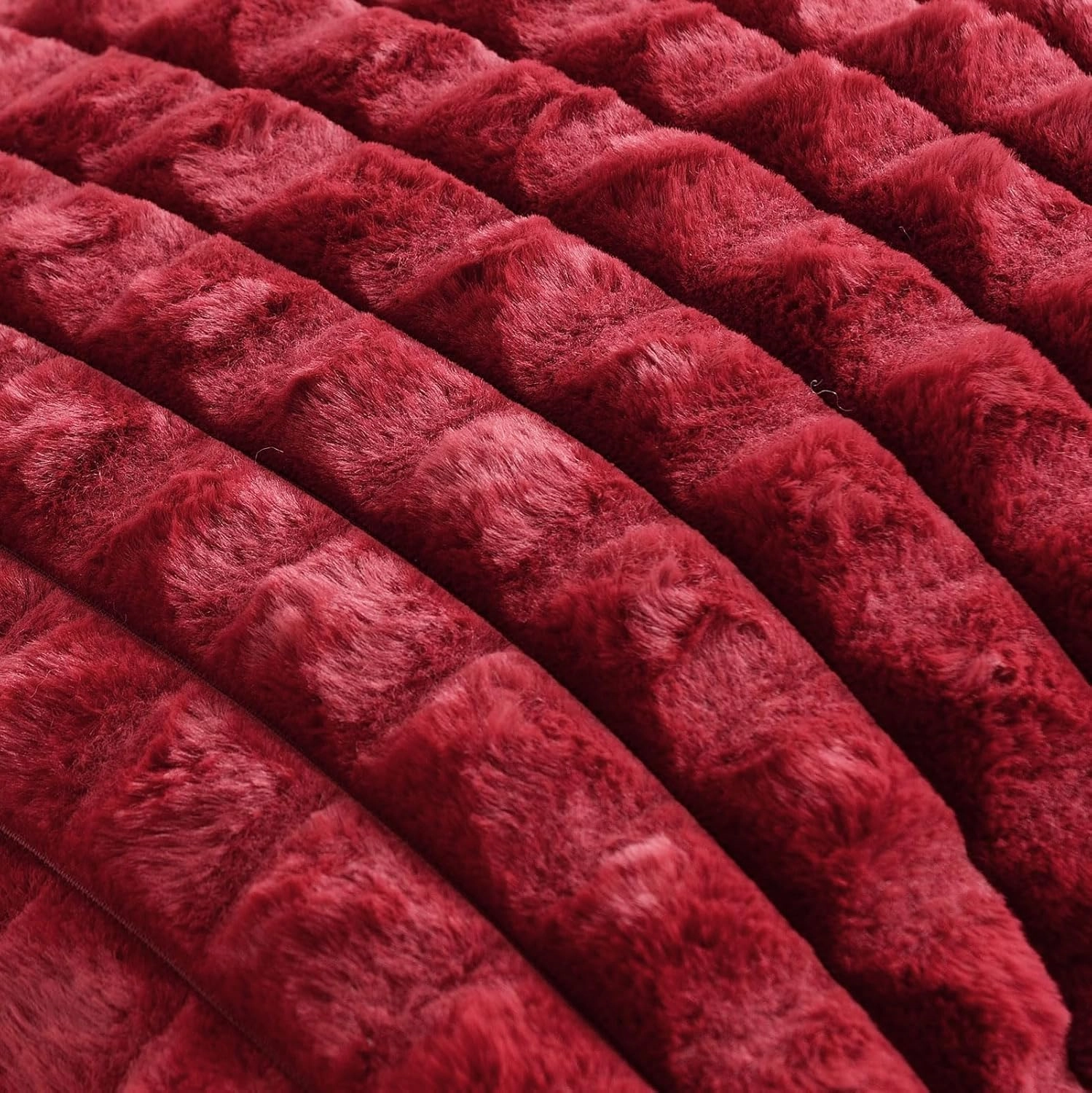FUTEI Burgundy Decorative Throw Pillow Covers 18x18 Inch Set of 2,Wine Red Square Cushion Case,Fluffy Faux Rabbit Fur Plaid & Soft Velvet Back,Modern Home Decor for Couch Bed