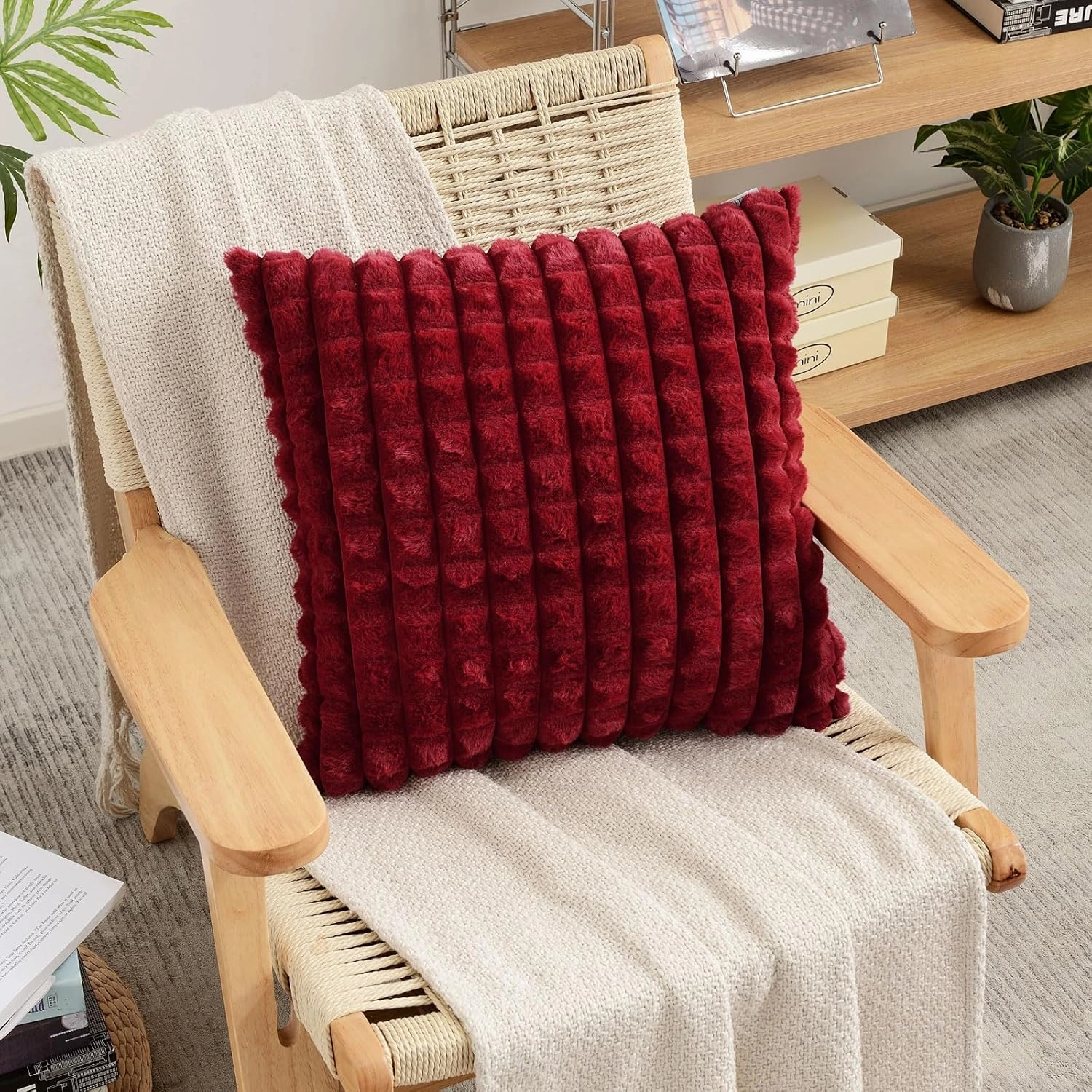 FUTEI Burgundy Decorative Throw Pillow Covers 18x18 Inch Set of 2,Wine Red Square Cushion Case,Fluffy Faux Rabbit Fur Plaid & Soft Velvet Back,Modern Home Decor for Couch Bed