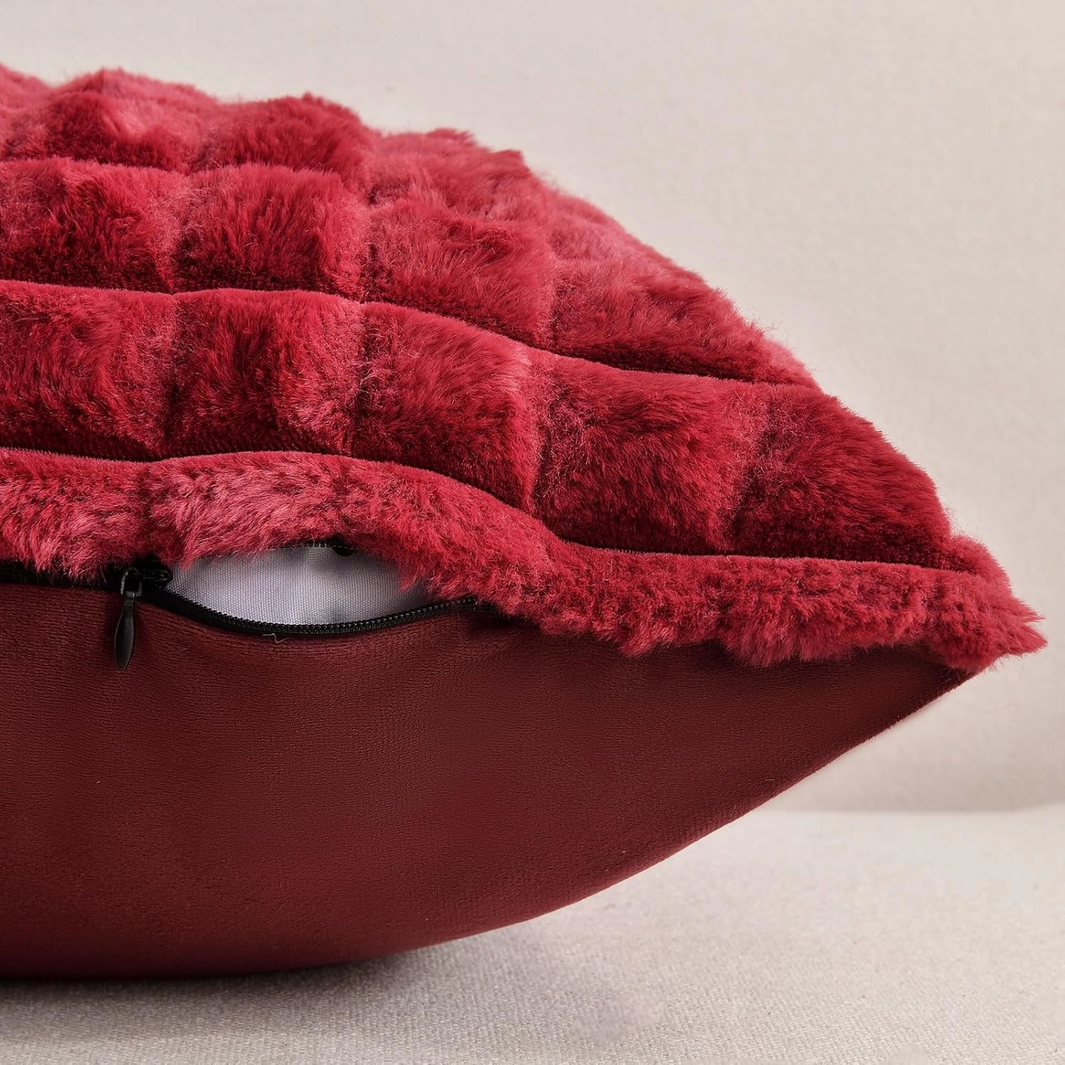 FUTEI Burgundy Decorative Throw Pillow Covers 18x18 Inch Set of 2,Wine Red Square Cushion Case,Fluffy Faux Rabbit Fur Plaid & Soft Velvet Back,Modern Home Decor for Couch Bed