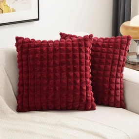 FUTEI Burgundy Decorative Throw Pillow Covers 18x18 Inch Set of 2,Wine Red Square Cushion Case,Fluffy Faux Rabbit Fur Plaid & Soft Velvet Back,Modern Home Decor for Couch Bed