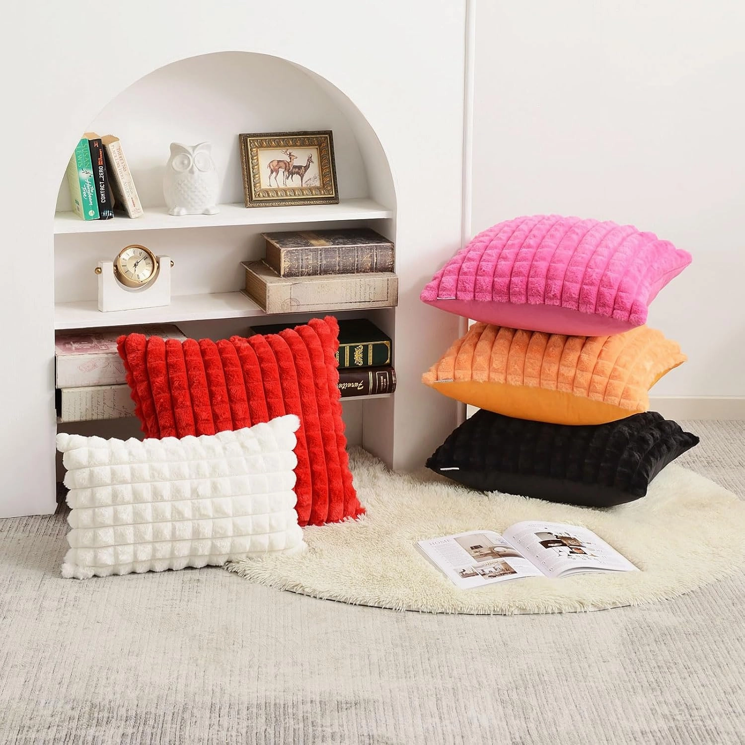 FUTEI Burgundy Decorative Throw Pillow Covers 18x18 Inch Set of 2,Wine Red Square Cushion Case,Fluffy Faux Rabbit Fur Plaid & Soft Velvet Back,Modern Home Decor for Couch Bed