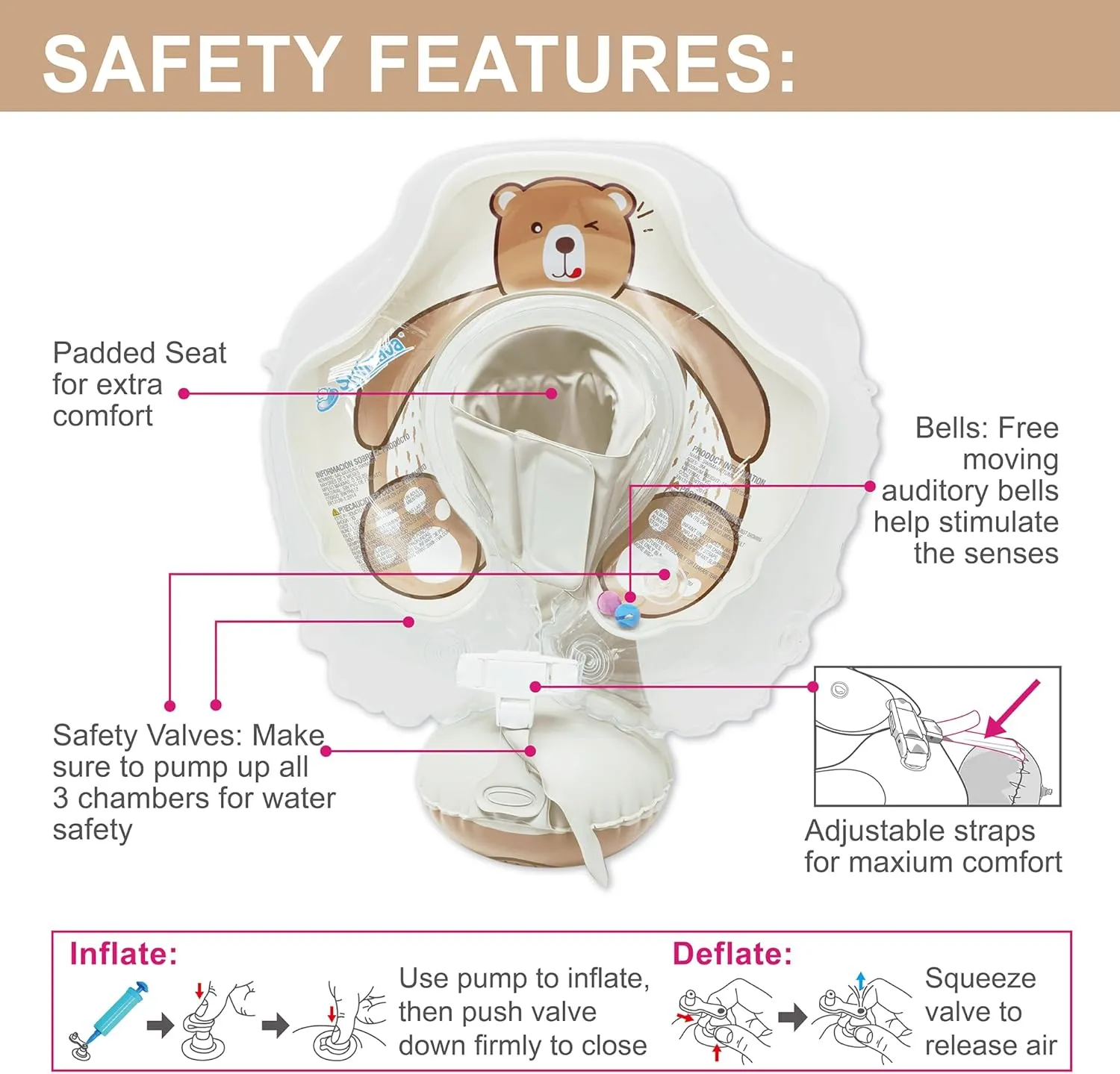 G6 Tummy Ring with Canopy (Age 3-24 Months) - Safe, Inflatable Baby Swim Trainer, Easy-to-Use Toddler Float, Water Play & Swim Skills Development Aid for Infants (Teddy Bear)