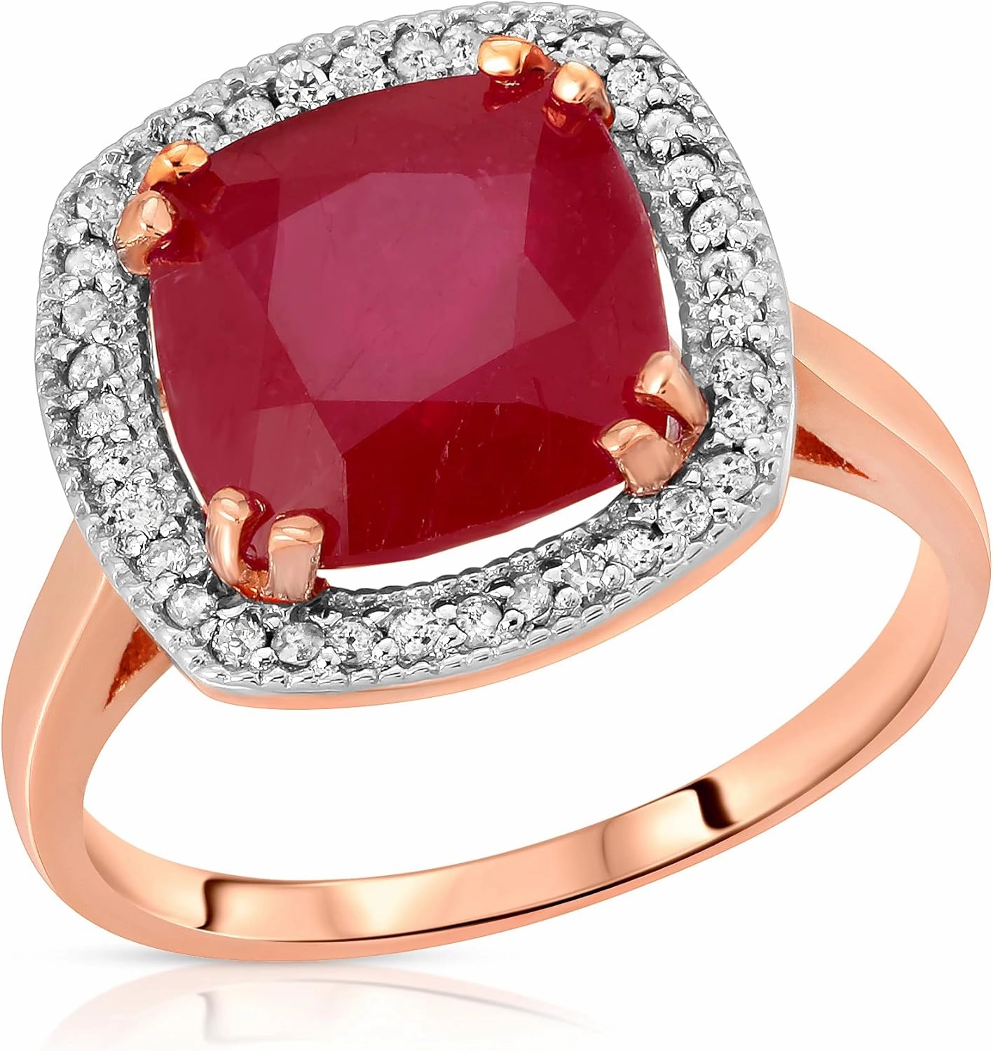 Galaxy Gold GG 14K Solid Rose Gold Cushion Cut Genuine Brilliant Grade AAA Ruby Ring 6.9 CTW with Natural Diamonds