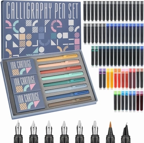 GC QUILL Calligraphy Pen Set 74pcs- 8 Calligraphy Fountain Pens with Varied Nibs, 66 Ink Cartridges(14 Colors)-Writing, Drawing, Calligraphy Practice for Beginner GC-F866