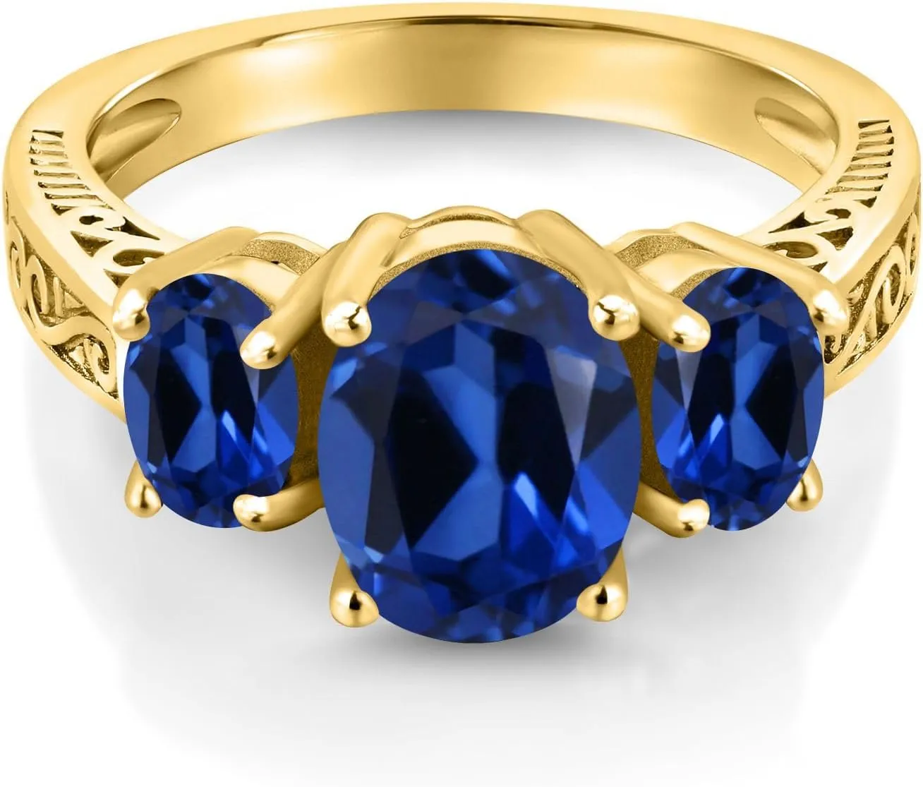 Gem Stone King 18K Yellow Gold Plated Silver Blue Created Sapphire 3-Stone Ring For Women (3.51 Cttw, Oval 9X7MM and 6X4MM, Available 5,6,7,8,9)
