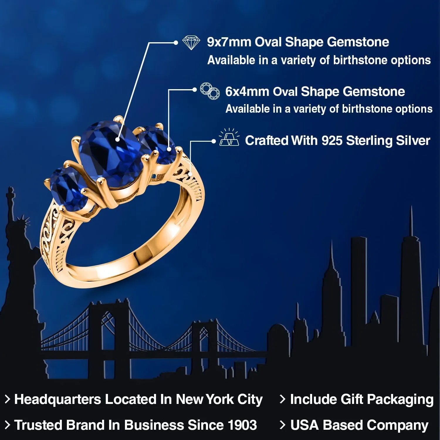 Gem Stone King 18K Yellow Gold Plated Silver Blue Created Sapphire 3-Stone Ring For Women (3.51 Cttw, Oval 9X7MM and 6X4MM, Available 5,6,7,8,9)