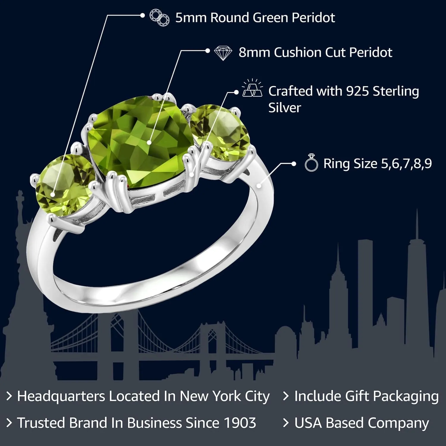 Gem Stone King 3.45 Cttw Green Peridot 3 Stone Engagement Ring For Women | 925 Sterling Silver | Gemstone August Birthstone | Cushion 8MM | Available in Size 5,6,7,8,9