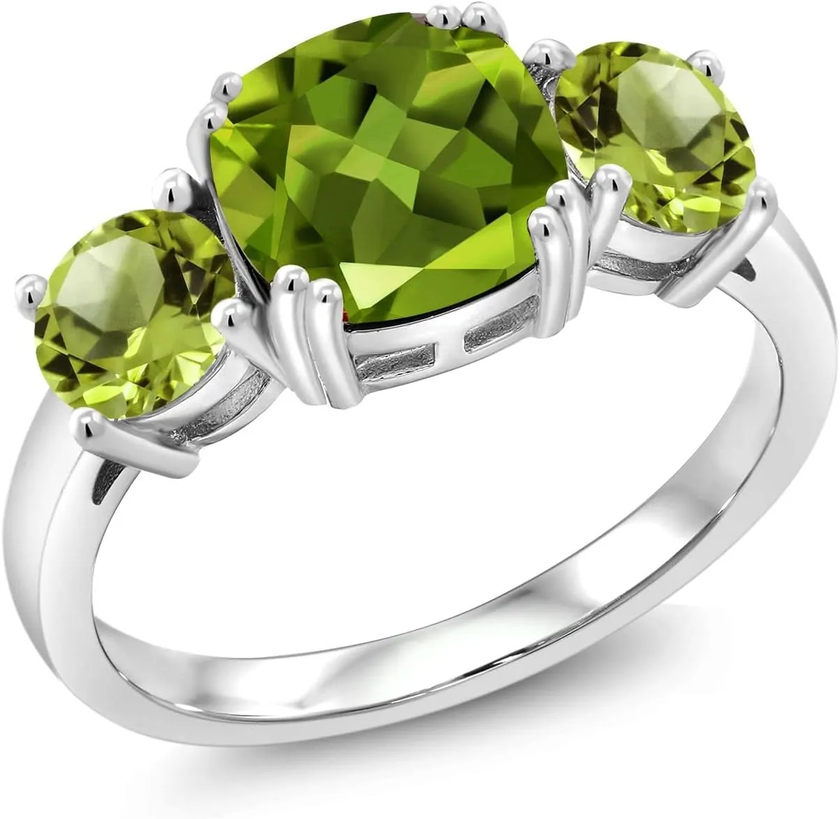 Gem Stone King 3.45 Cttw Green Peridot 3 Stone Engagement Ring For Women | 925 Sterling Silver | Gemstone August Birthstone | Cushion 8MM | Available in Size 5,6,7,8,9