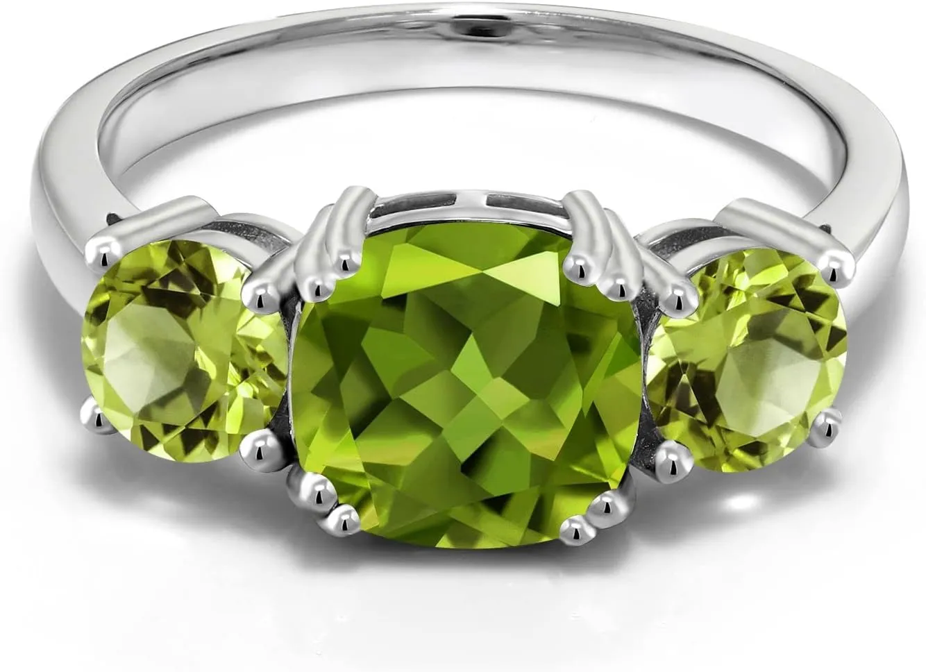 Gem Stone King 3.45 Cttw Green Peridot 3 Stone Engagement Ring For Women | 925 Sterling Silver | Gemstone August Birthstone | Cushion 8MM | Available in Size 5,6,7,8,9