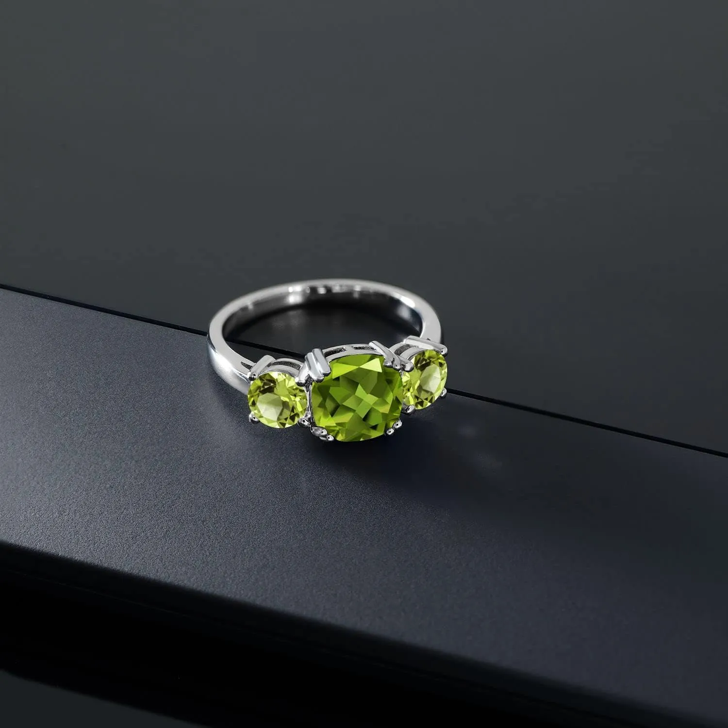 Gem Stone King 3.45 Cttw Green Peridot 3 Stone Engagement Ring For Women | 925 Sterling Silver | Gemstone August Birthstone | Cushion 8MM | Available in Size 5,6,7,8,9