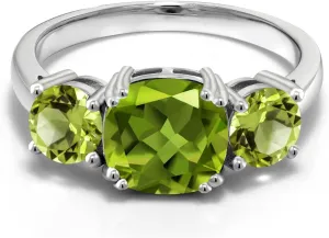 Gem Stone King 3.45 Cttw Green Peridot 3 Stone Engagement Ring For Women | 925 Sterling Silver | Gemstone August Birthstone | Cushion 8MM | Available in Size 5,6,7,8,9