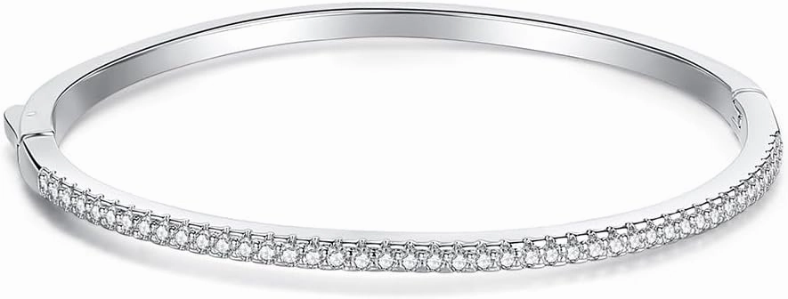 Gemlux Women's 14K Gold Moissanite Bangle ，White Gold Simple Single Row Moissanite Diamond Design Bangle, High-End Jewelry for Modern Women