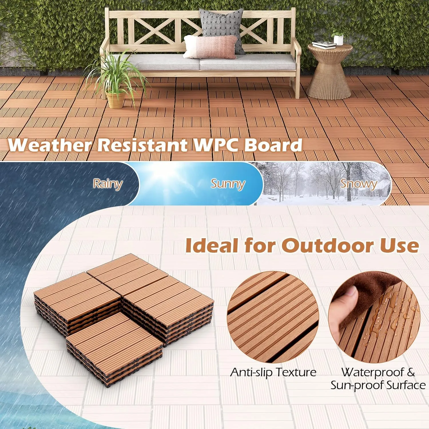 Giantex Interlocking Deck Tiles 18 Pack - 18 sq.ft Composite Outdoor Flooring Covering All Weather Use, 12 x 12 in Patio Decking Boards for Balcony, Poolside, Backyard, Garden, Walkway (Brown)