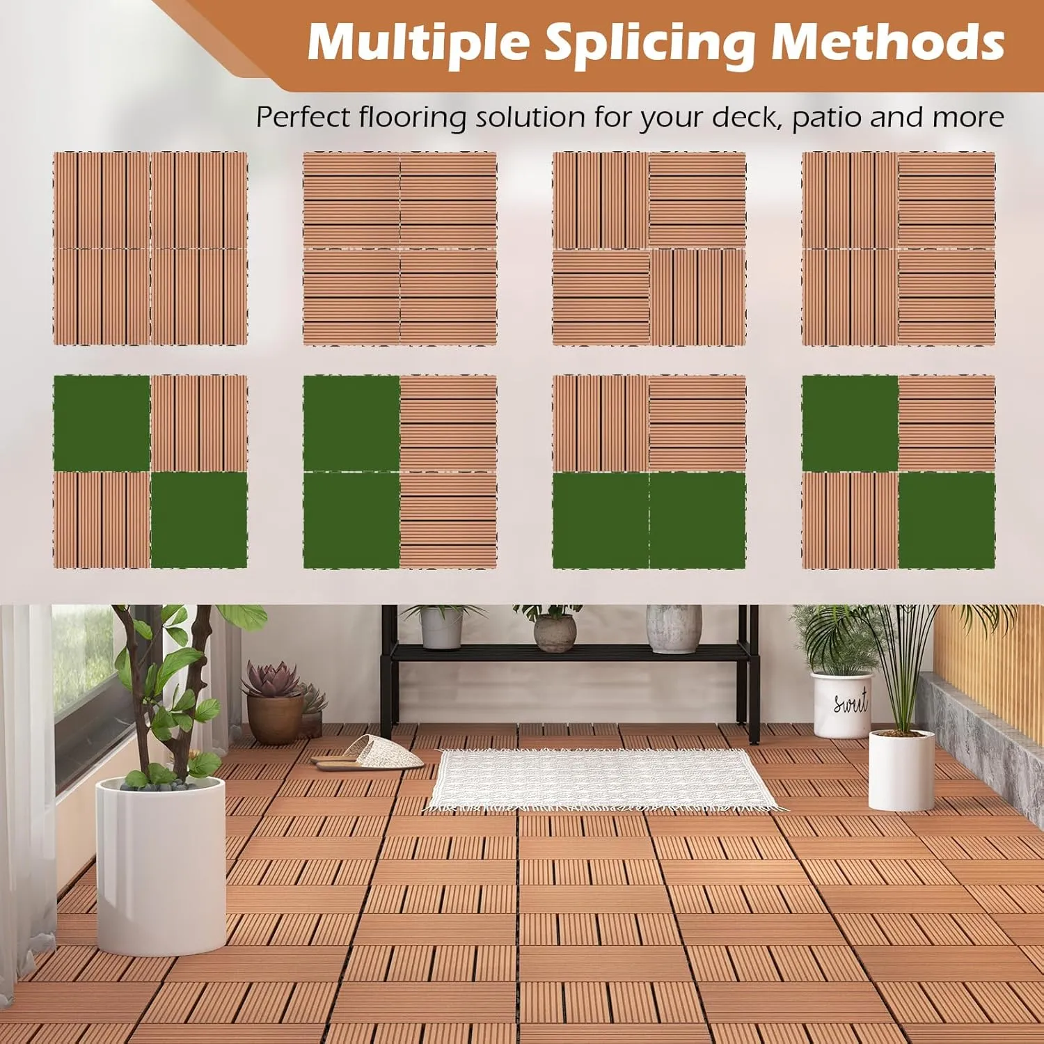 Giantex Interlocking Deck Tiles 18 Pack - 18 sq.ft Composite Outdoor Flooring Covering All Weather Use, 12 x 12 in Patio Decking Boards for Balcony, Poolside, Backyard, Garden, Walkway (Brown)