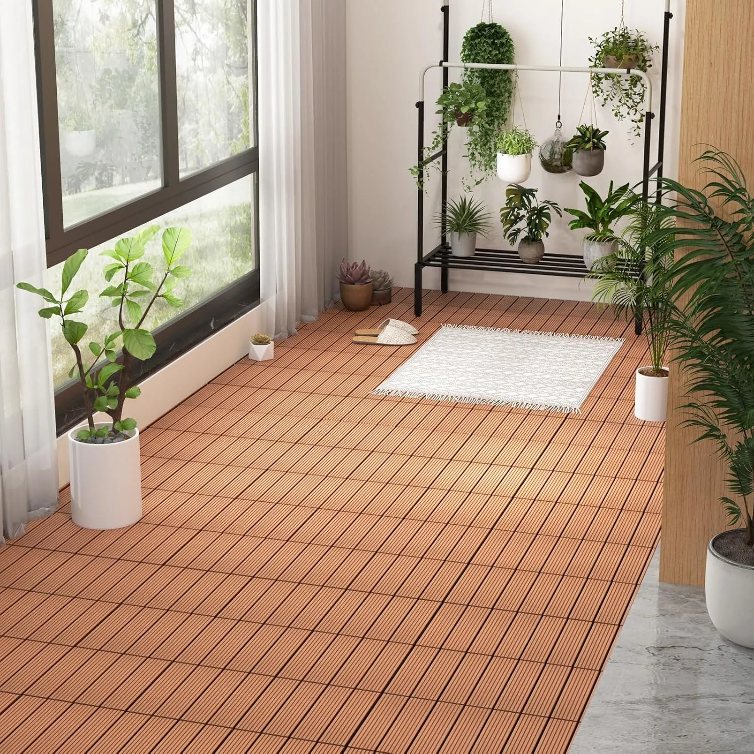Giantex Interlocking Deck Tiles 18 Pack - 18 sq.ft Composite Outdoor Flooring Covering All Weather Use, 12 x 12 in Patio Decking Boards for Balcony, Poolside, Backyard, Garden, Walkway (Brown)