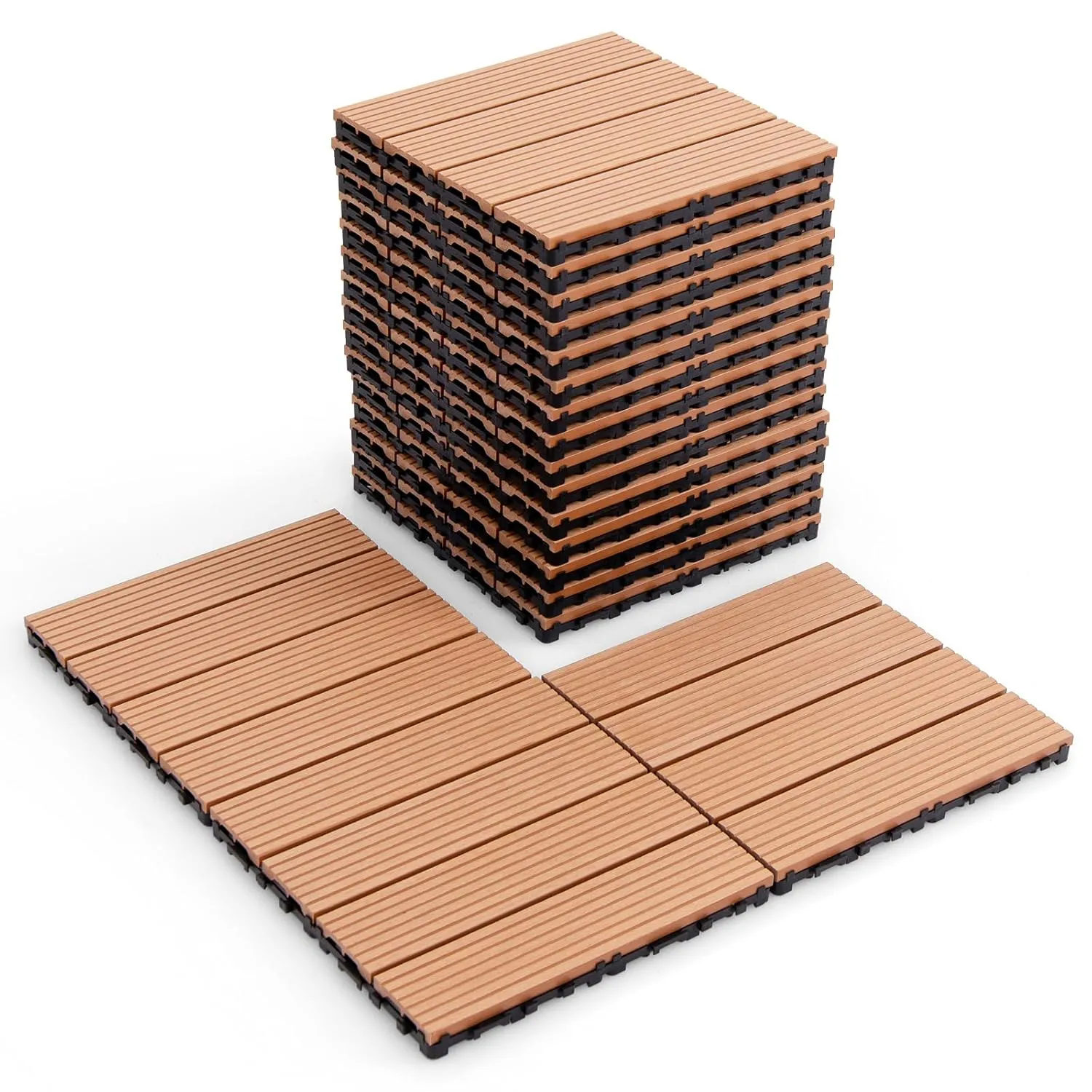 Giantex Interlocking Deck Tiles 18 Pack - 18 sq.ft Composite Outdoor Flooring Covering All Weather Use, 12 x 12 in Patio Decking Boards for Balcony, Poolside, Backyard, Garden, Walkway (Brown)