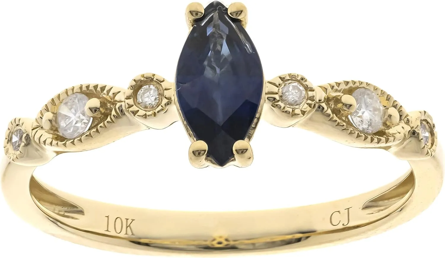 Gin & Grace 10K Yellow Gold Genuine Blue Sapphire Ring with Diamonds for women | Ethically, authentically & organically sourced (Marquise-Cut) shaped Sapphire hand-crafted jewelry for her | Sapphire Ring for women