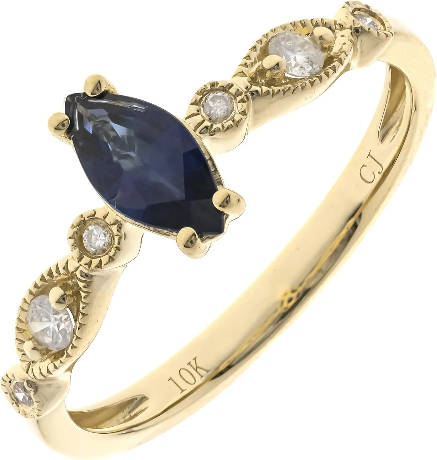Gin & Grace 10K Yellow Gold Genuine Blue Sapphire Ring with Diamonds for women | Ethically, authentically & organically sourced (Marquise-Cut) shaped Sapphire hand-crafted jewelry for her | Sapphire Ring for women