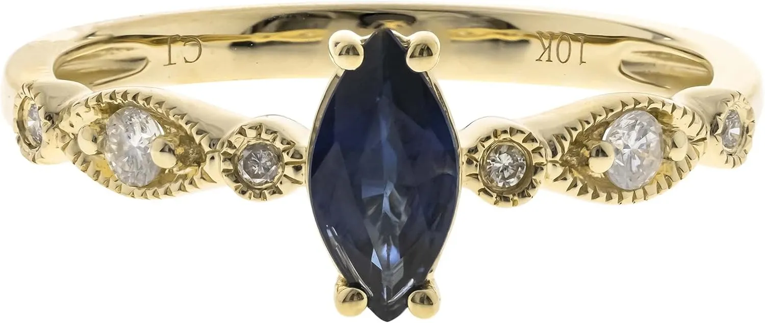 Gin & Grace 10K Yellow Gold Genuine Blue Sapphire Ring with Diamonds for women | Ethically, authentically & organically sourced (Marquise-Cut) shaped Sapphire hand-crafted jewelry for her | Sapphire Ring for women