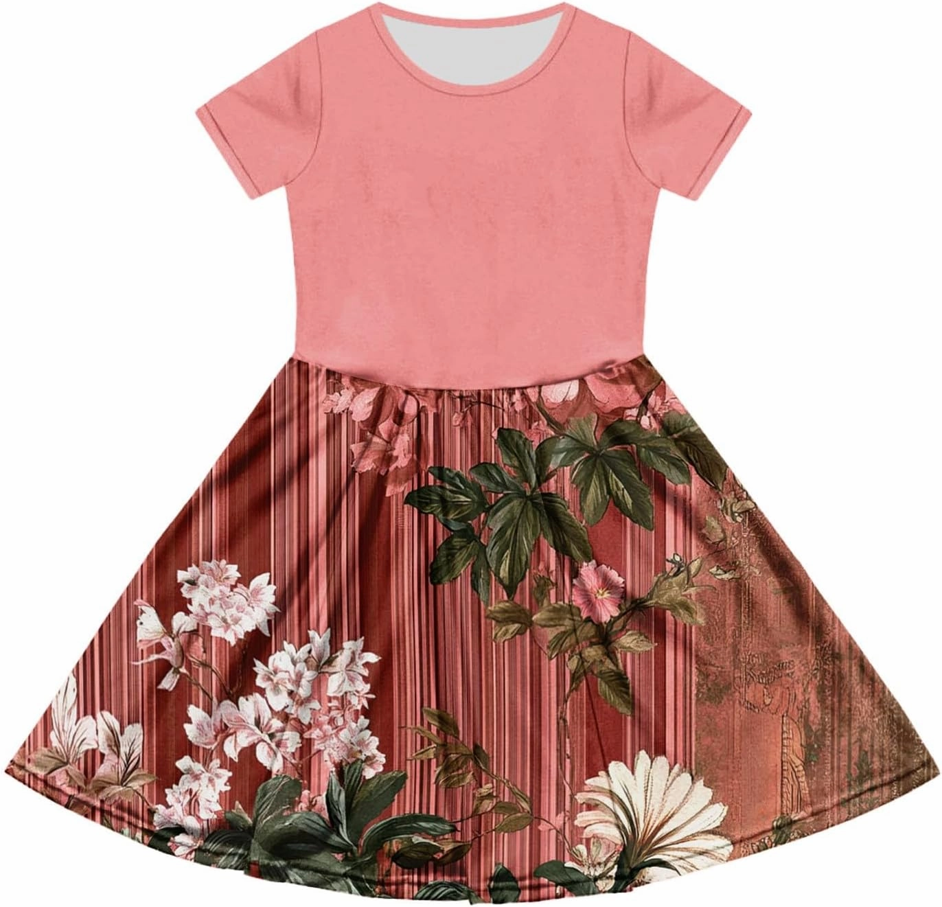 Girls' Short-Sleeved Casual Dresses with Pockets Floral Prints Summer A-line Children's Party Dresses 4-14 Years Old