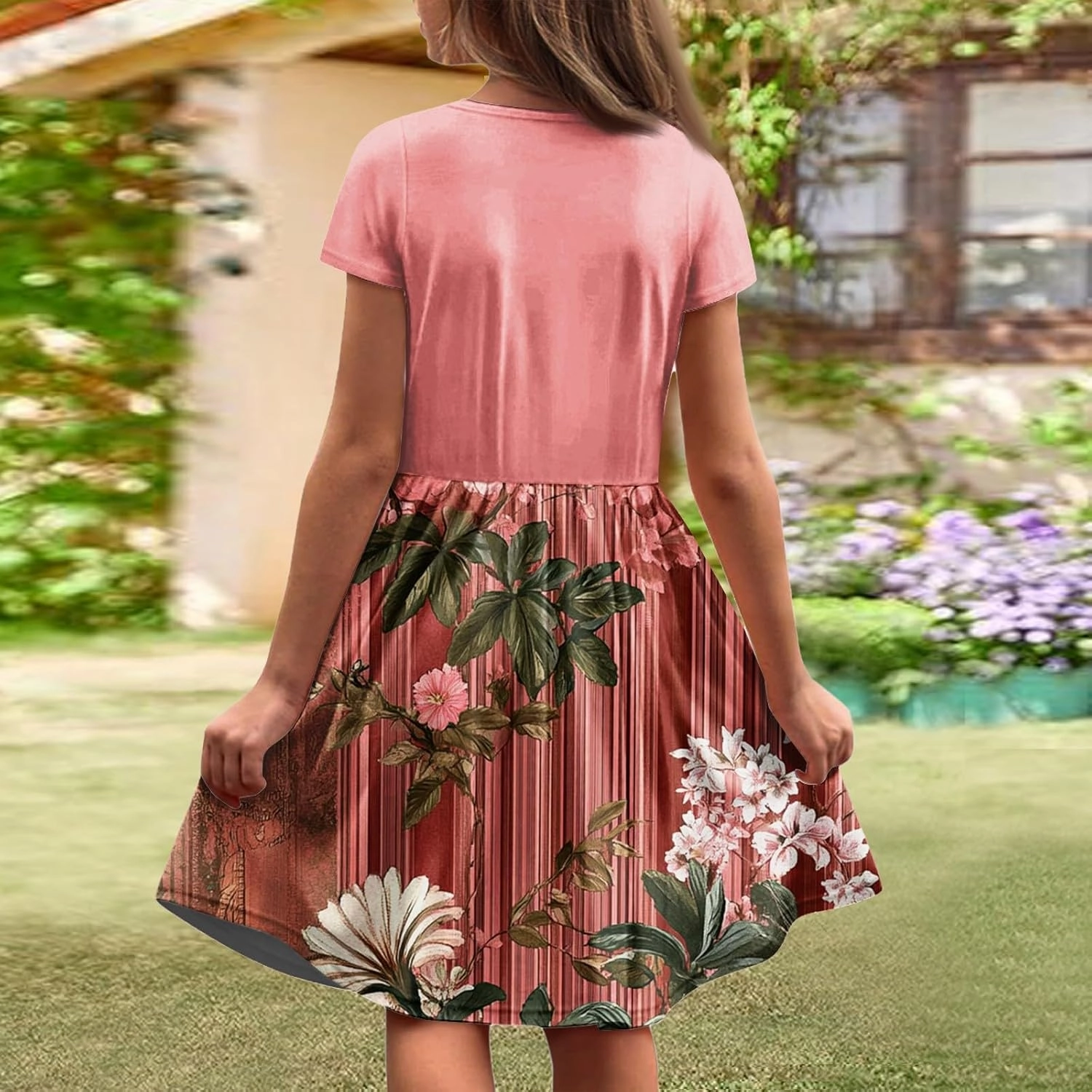 Girls' Short-Sleeved Casual Dresses with Pockets Floral Prints Summer A-line Children's Party Dresses 4-14 Years Old