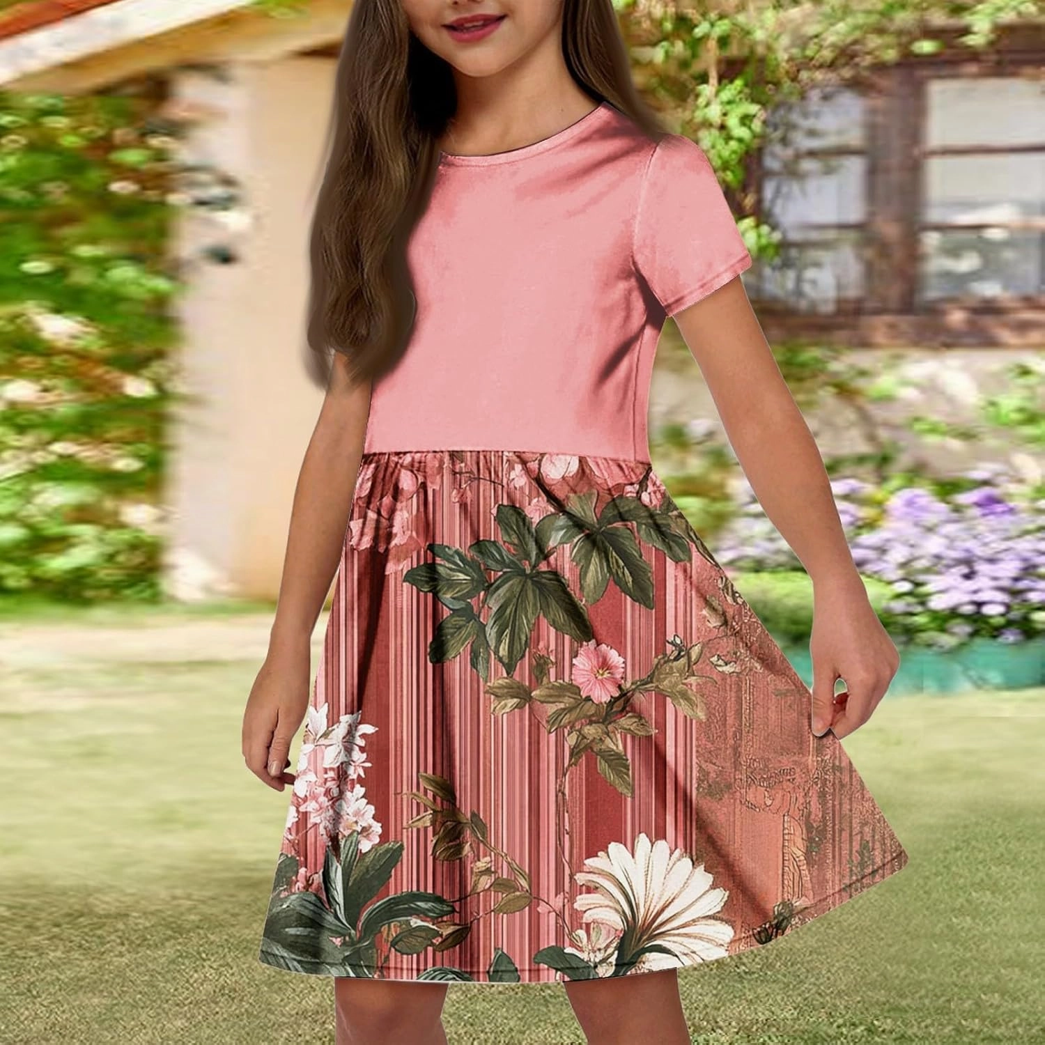 Girls' Short-Sleeved Casual Dresses with Pockets Floral Prints Summer A-line Children's Party Dresses 4-14 Years Old