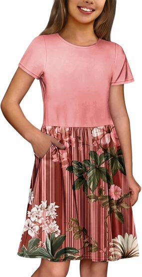 Girls' Short-Sleeved Casual Dresses with Pockets Floral Prints Summer A-line Children's Party Dresses 4-14 Years Old