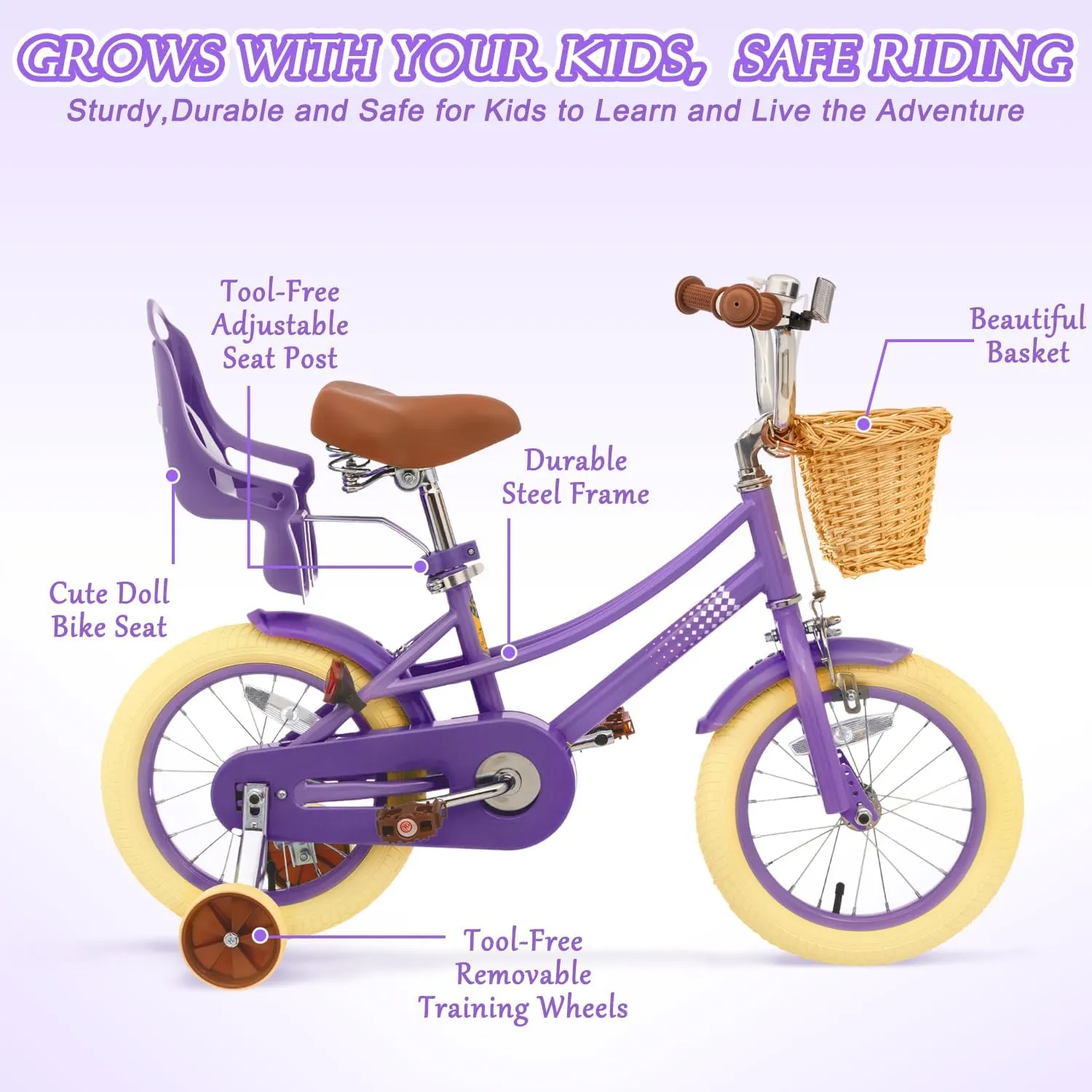 Glaf Toddler Girls Bike for 2-12 Years Old 12 14 16 20 Inch Girls Bike with Training Wheels and Baby Doll Seat Kids Bike Bicycle with Adjustable Seat Handlebar