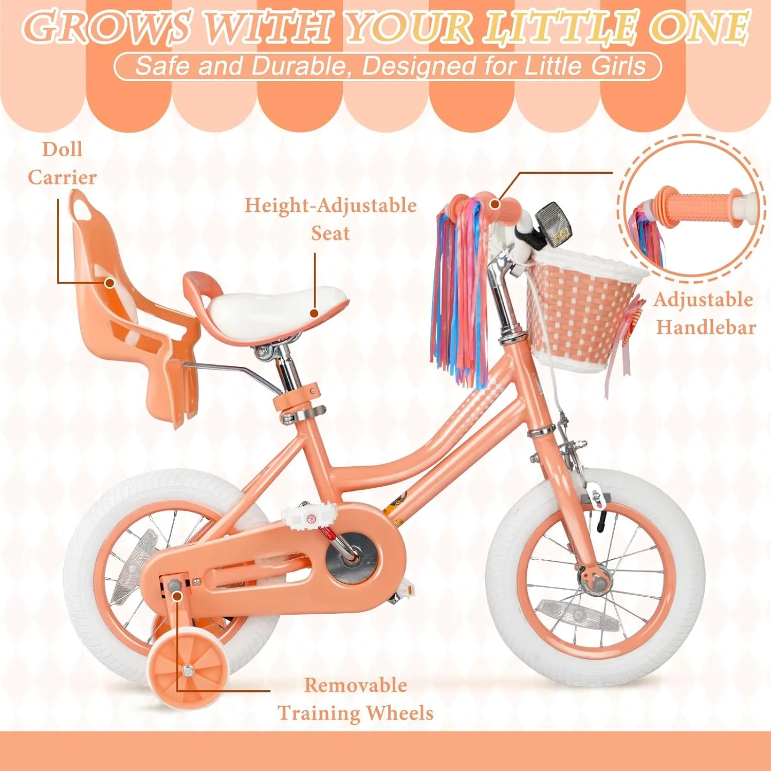 Glaf Toddler Girls Bike for 2-12 Years Old 12 14 16 20 Inch Girls Bike with Training Wheels and Baby Doll Seat Kids Bike Bicycle with Adjustable Seat Handlebar