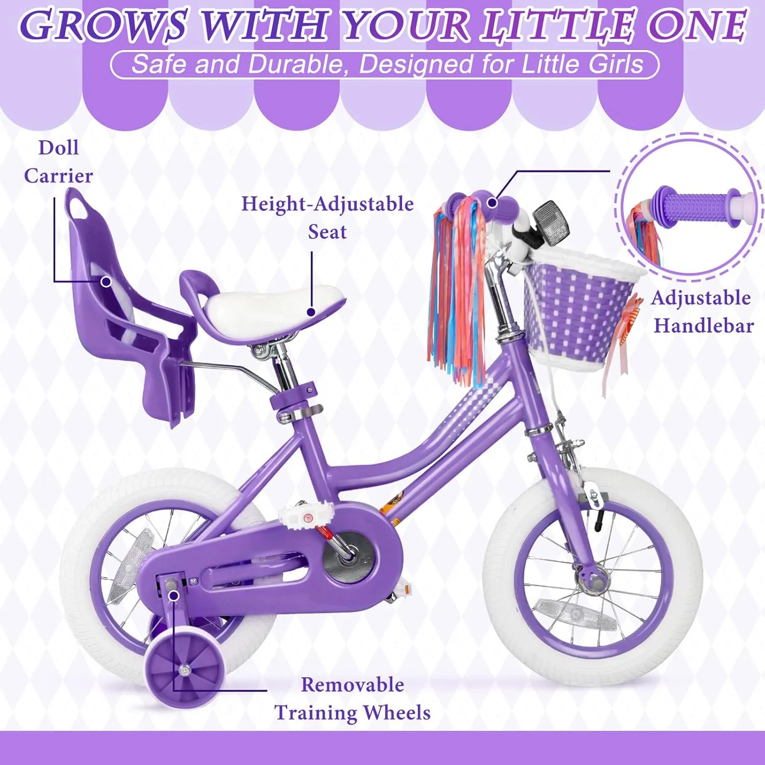 Glaf Toddler Girls Bike for 2-12 Years Old 12 14 16 20 Inch Girls Bike with Training Wheels and Baby Doll Seat Kids Bike Bicycle with Adjustable Seat Handlebar