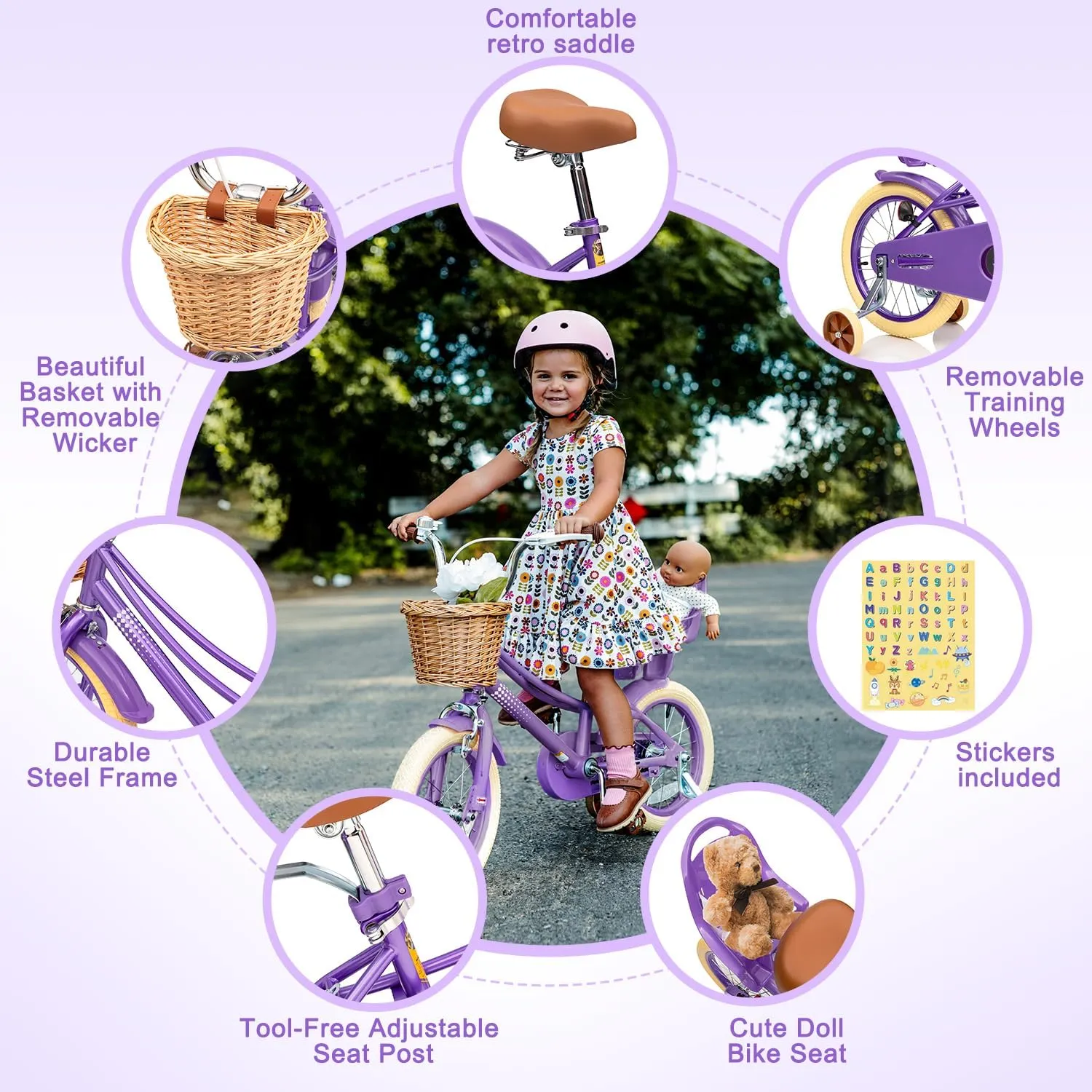 Glaf Toddler Girls Bike for 2-12 Years Old 12 14 16 20 Inch Girls Bike with Training Wheels and Baby Doll Seat Kids Bike Bicycle with Adjustable Seat Handlebar