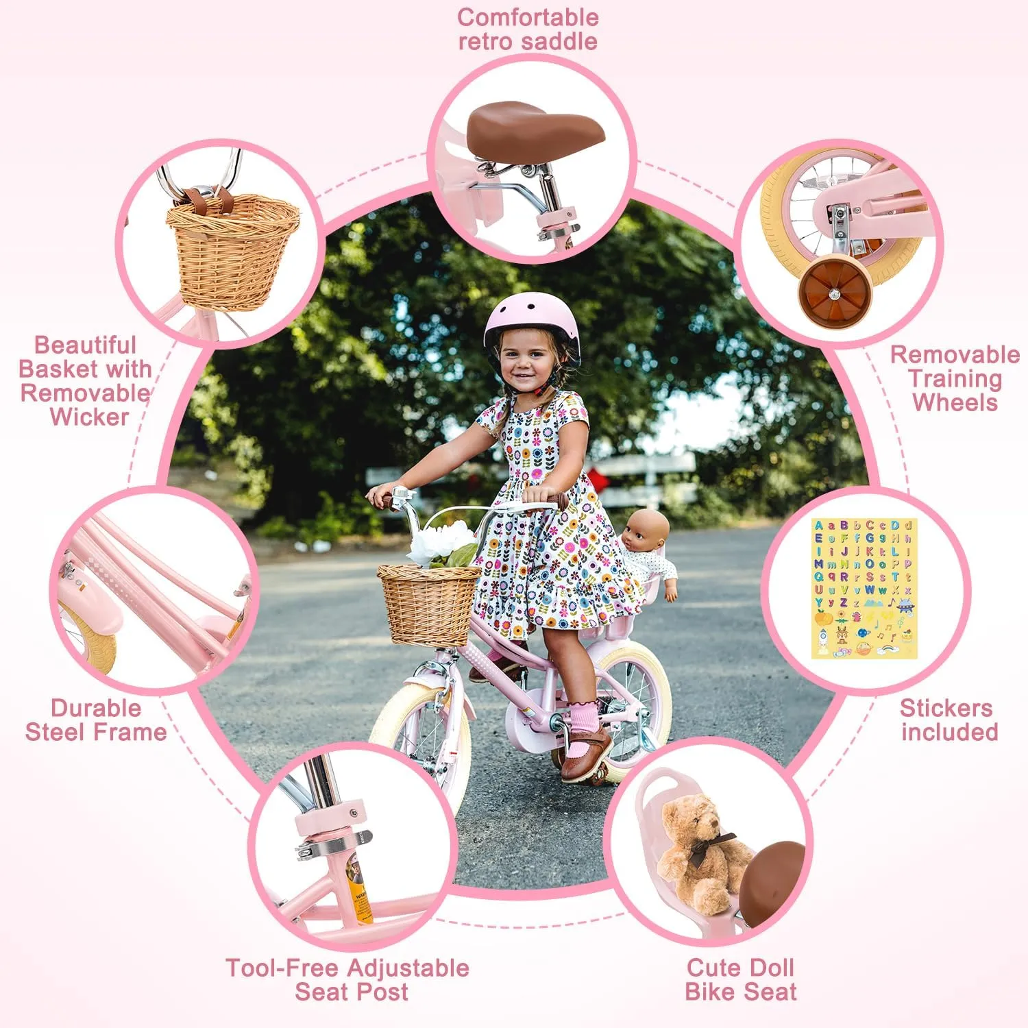 Glaf Toddler Girls Bike for 2-12 Years Old 12 14 16 20 Inch Girls Bike with Training Wheels and Baby Doll Seat Kids Bike Bicycle with Adjustable Seat Handlebar