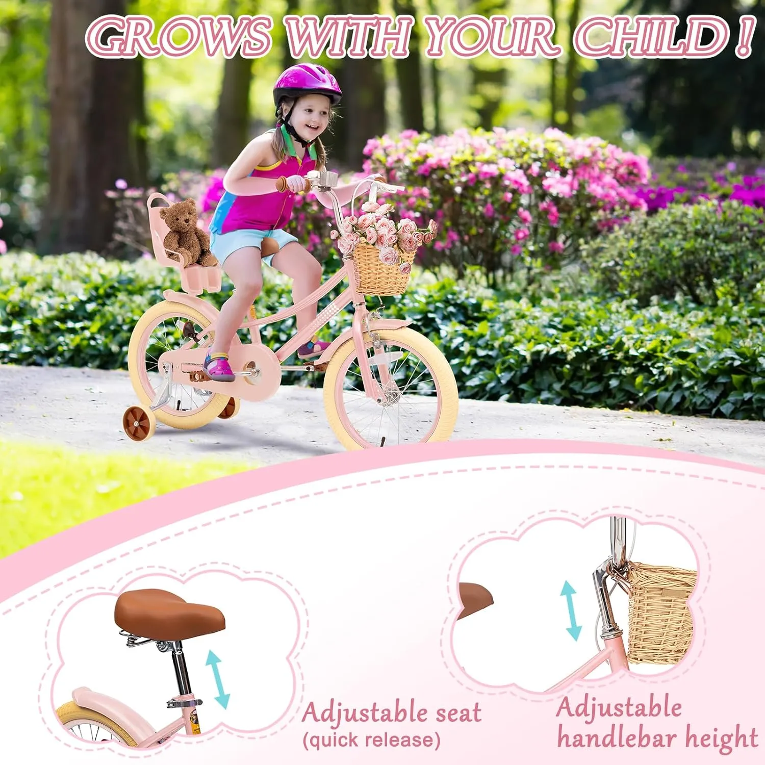 Glaf Toddler Girls Bike for 2-12 Years Old 12 14 16 20 Inch Girls Bike with Training Wheels and Baby Doll Seat Kids Bike Bicycle with Adjustable Seat Handlebar