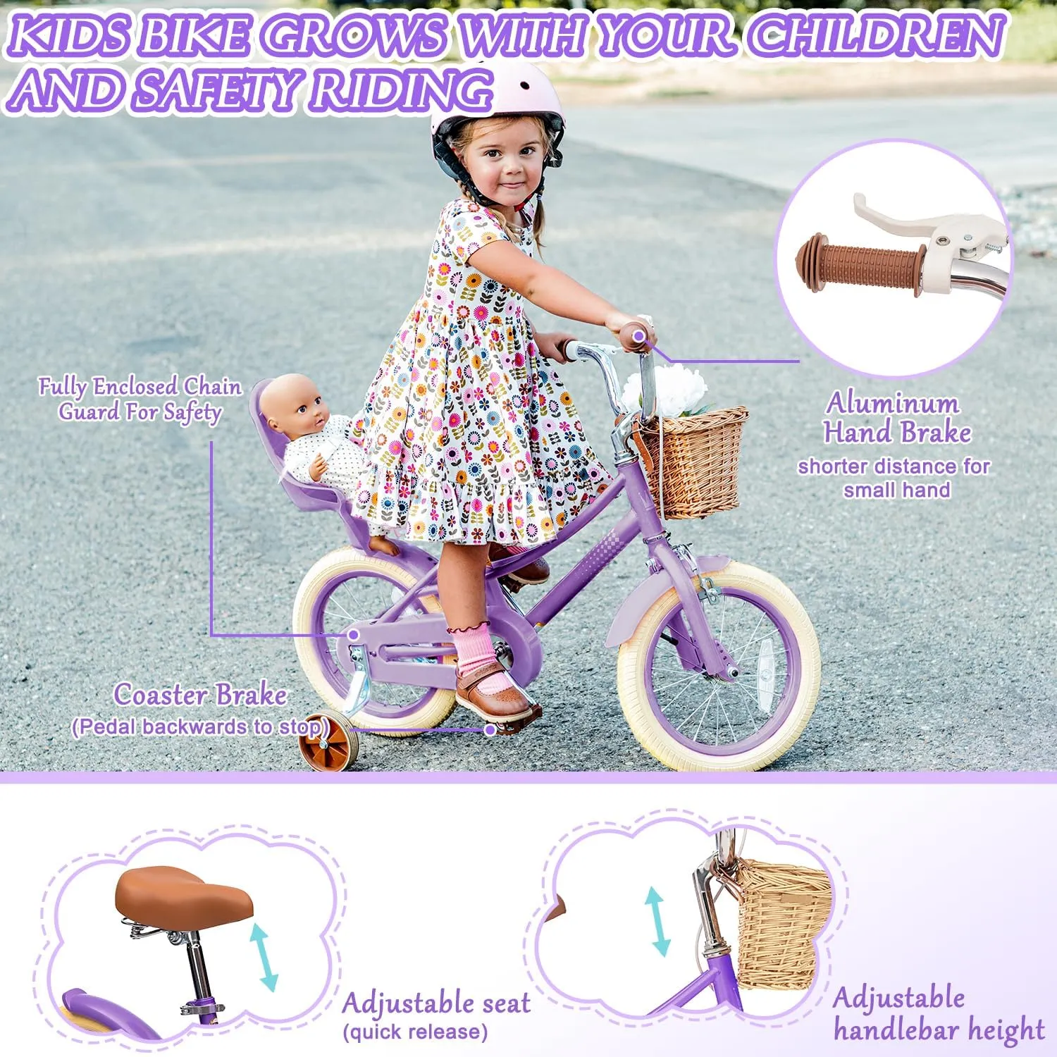 Glaf Toddler Girls Bike for 2-12 Years Old 12 14 16 20 Inch Girls Bike with Training Wheels and Baby Doll Seat Kids Bike Bicycle with Adjustable Seat Handlebar
