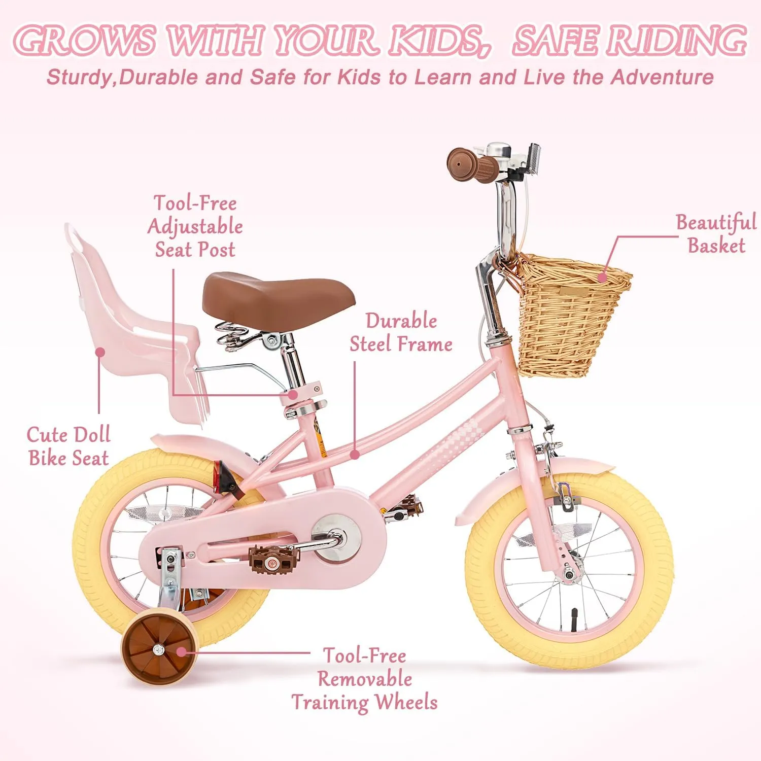 Glaf Toddler Girls Bike for 2-12 Years Old 12 14 16 20 Inch Girls Bike with Training Wheels and Baby Doll Seat Kids Bike Bicycle with Adjustable Seat Handlebar