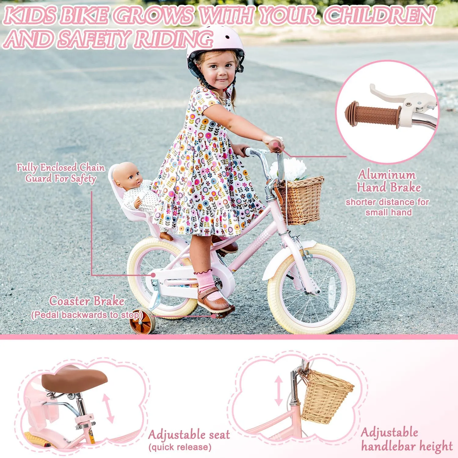 Glaf Toddler Girls Bike for 2-12 Years Old 12 14 16 20 Inch Girls Bike with Training Wheels and Baby Doll Seat Kids Bike Bicycle with Adjustable Seat Handlebar