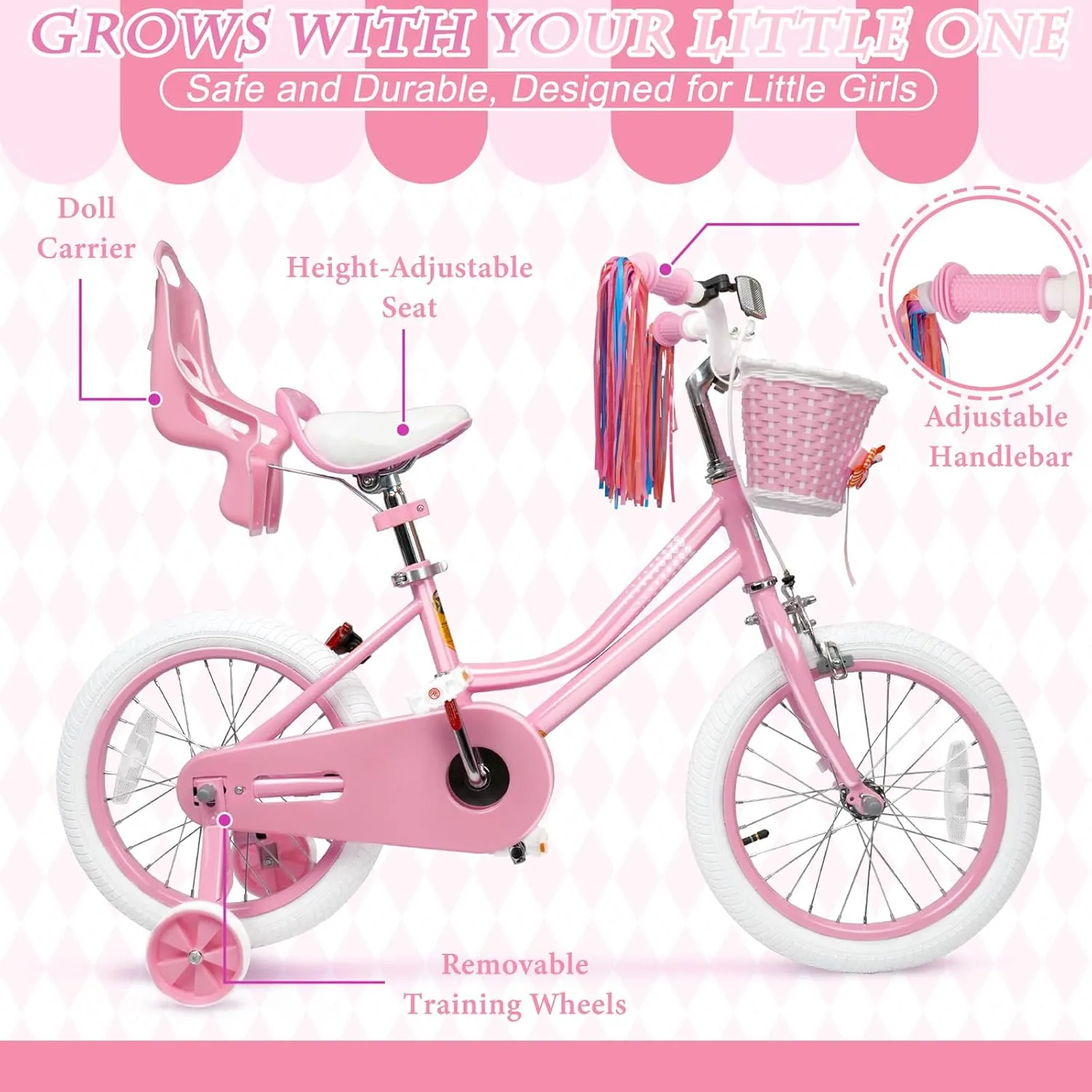 Glaf Toddler Girls Bike for 2-12 Years Old 12 14 16 20 Inch Girls Bike with Training Wheels and Baby Doll Seat Kids Bike Bicycle with Adjustable Seat Handlebar