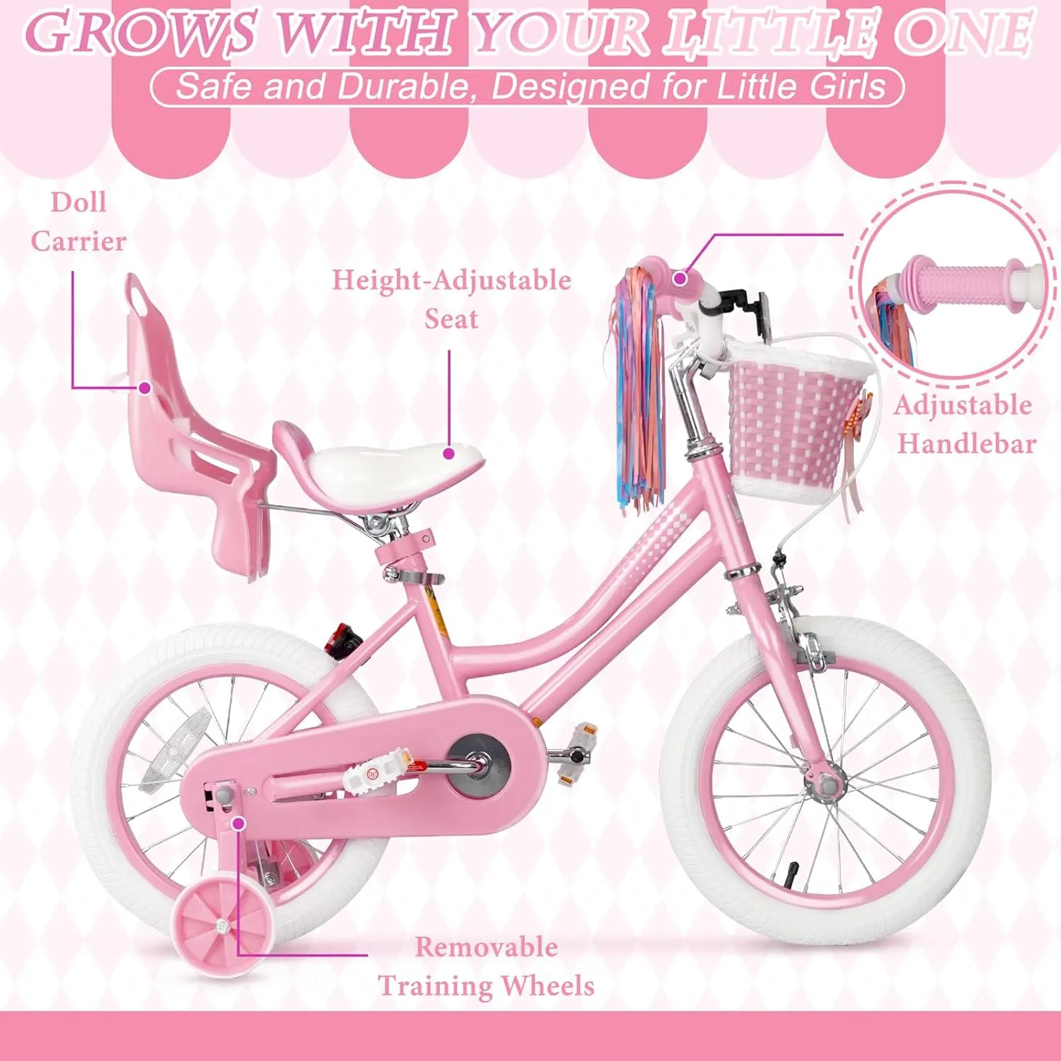 Glaf Toddler Girls Bike for 2-12 Years Old 12 14 16 20 Inch Girls Bike with Training Wheels and Baby Doll Seat Kids Bike Bicycle with Adjustable Seat Handlebar