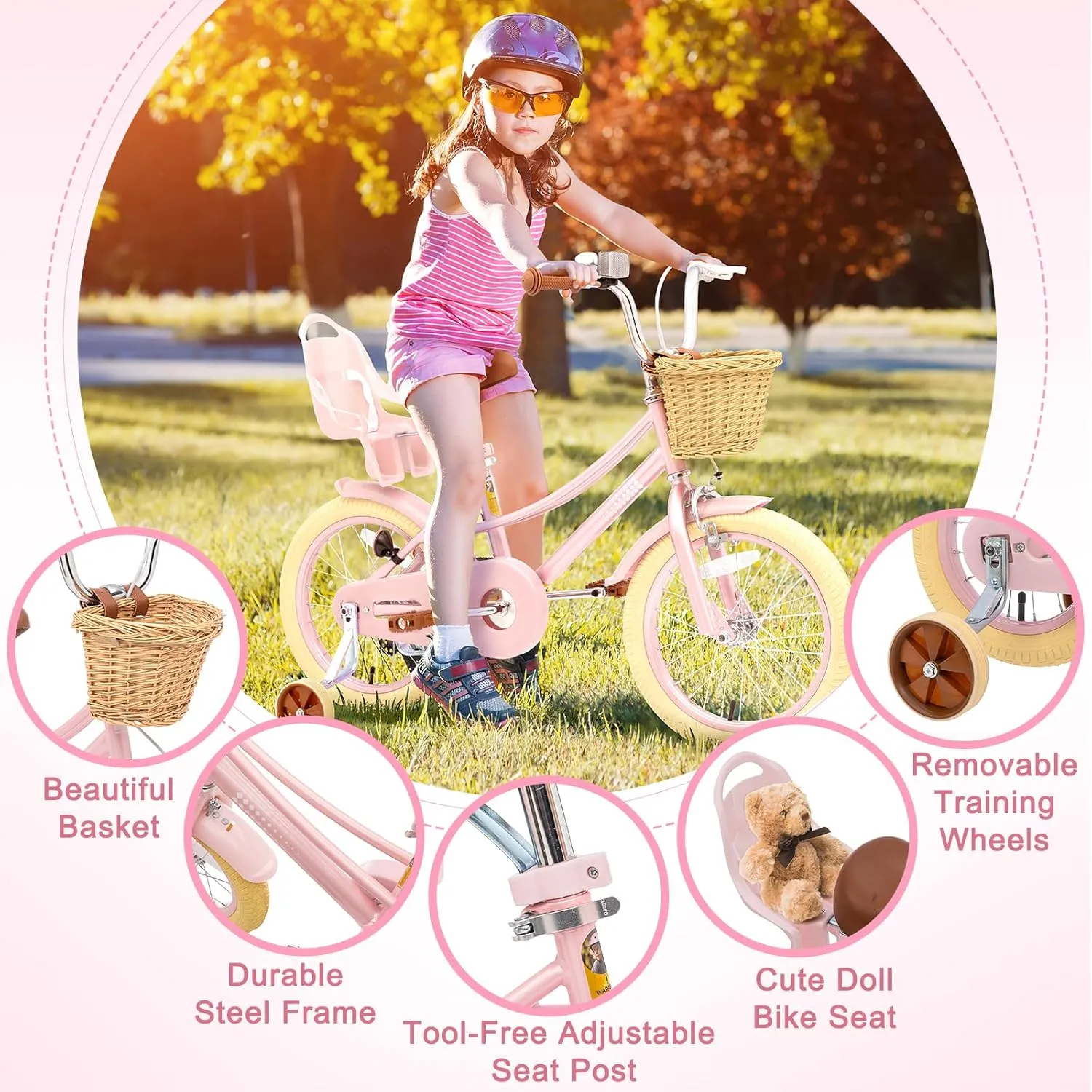 Glaf Toddler Girls Bike for 2-12 Years Old 12 14 16 20 Inch Girls Bike with Training Wheels and Baby Doll Seat Kids Bike Bicycle with Adjustable Seat Handlebar