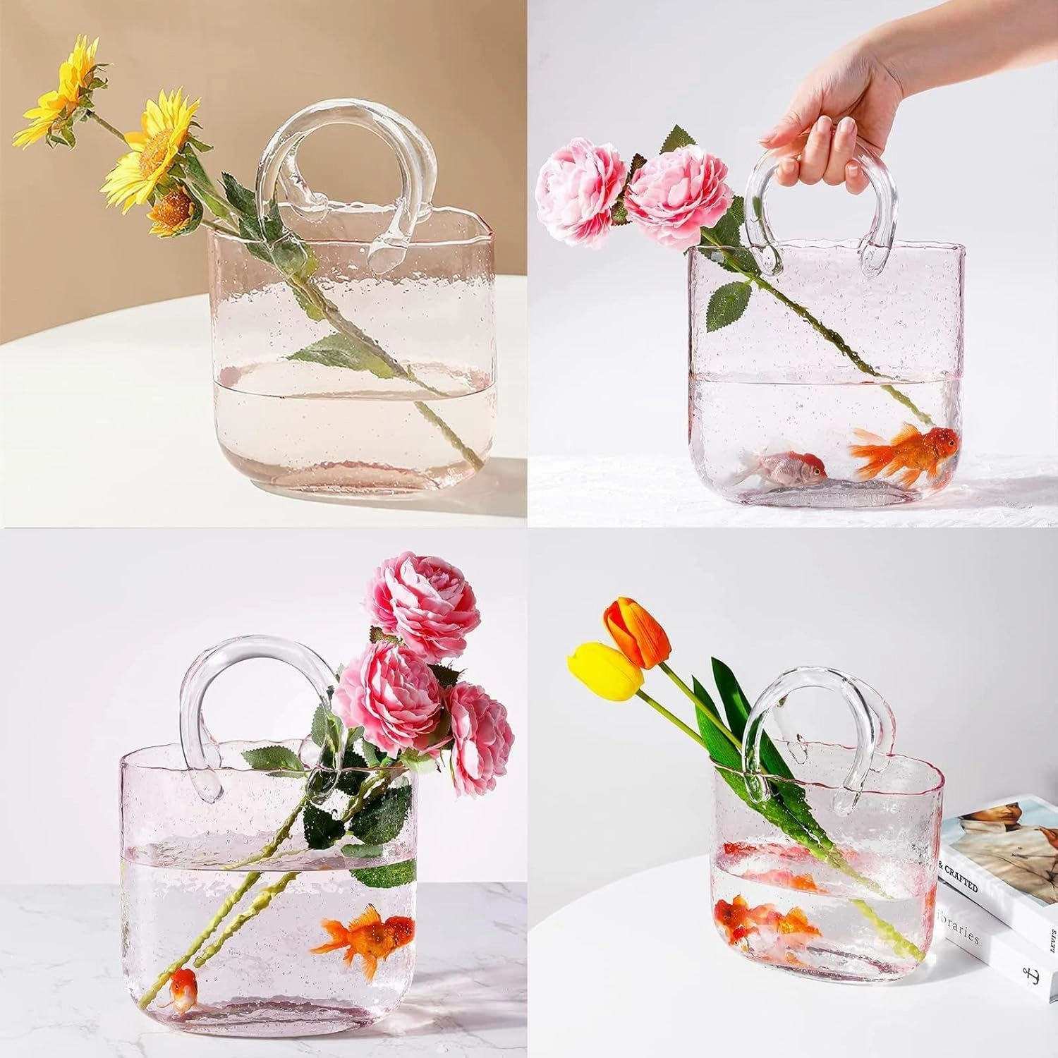 Glass Bag Vase for Flowers, Elegant Purse Design Purse Vase Purse Vase with Fish Bowl, Glass Bag Vase for Decor,Style2-Blue