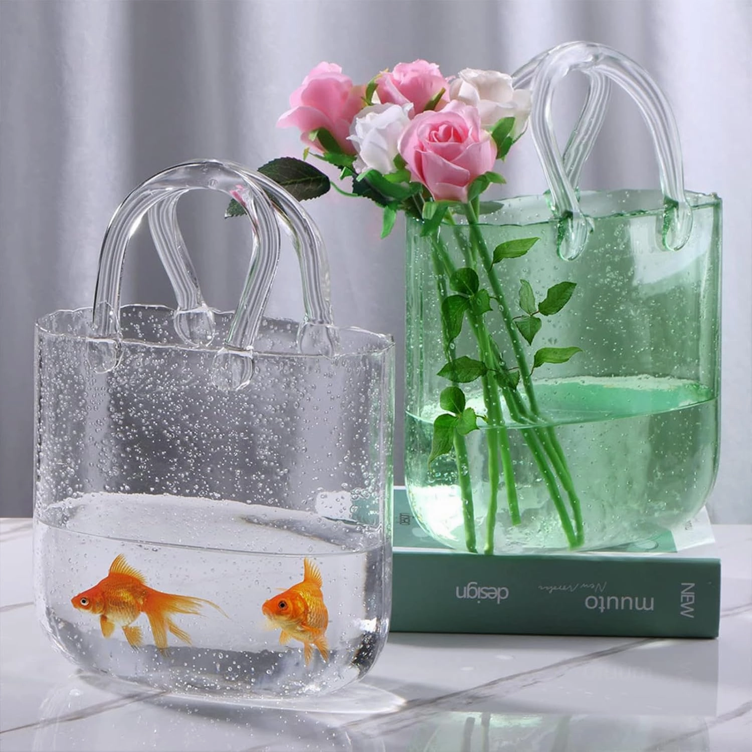 Glass Bag Vase for Flowers, Elegant Purse Design Purse Vase Purse Vase with Fish Bowl, Glass Bag Vase for Decor,Style2-Blue