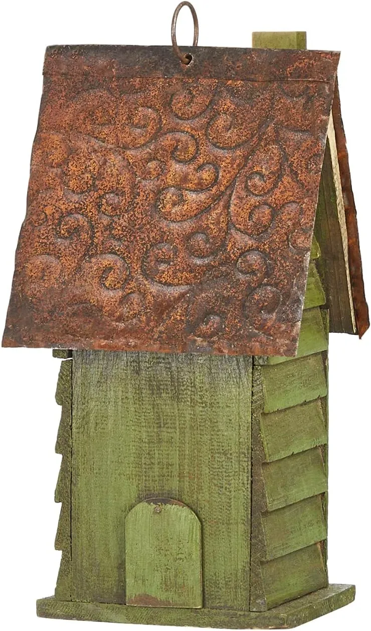 Glitzhome 12" H Green Hanging Distressed Solid Wood Garden Bird House Decoratvie Birdhouse