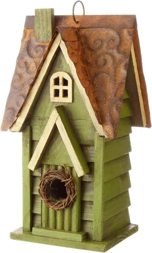 Glitzhome 12" H Green Hanging Distressed Solid Wood Garden Bird House Decoratvie Birdhouse