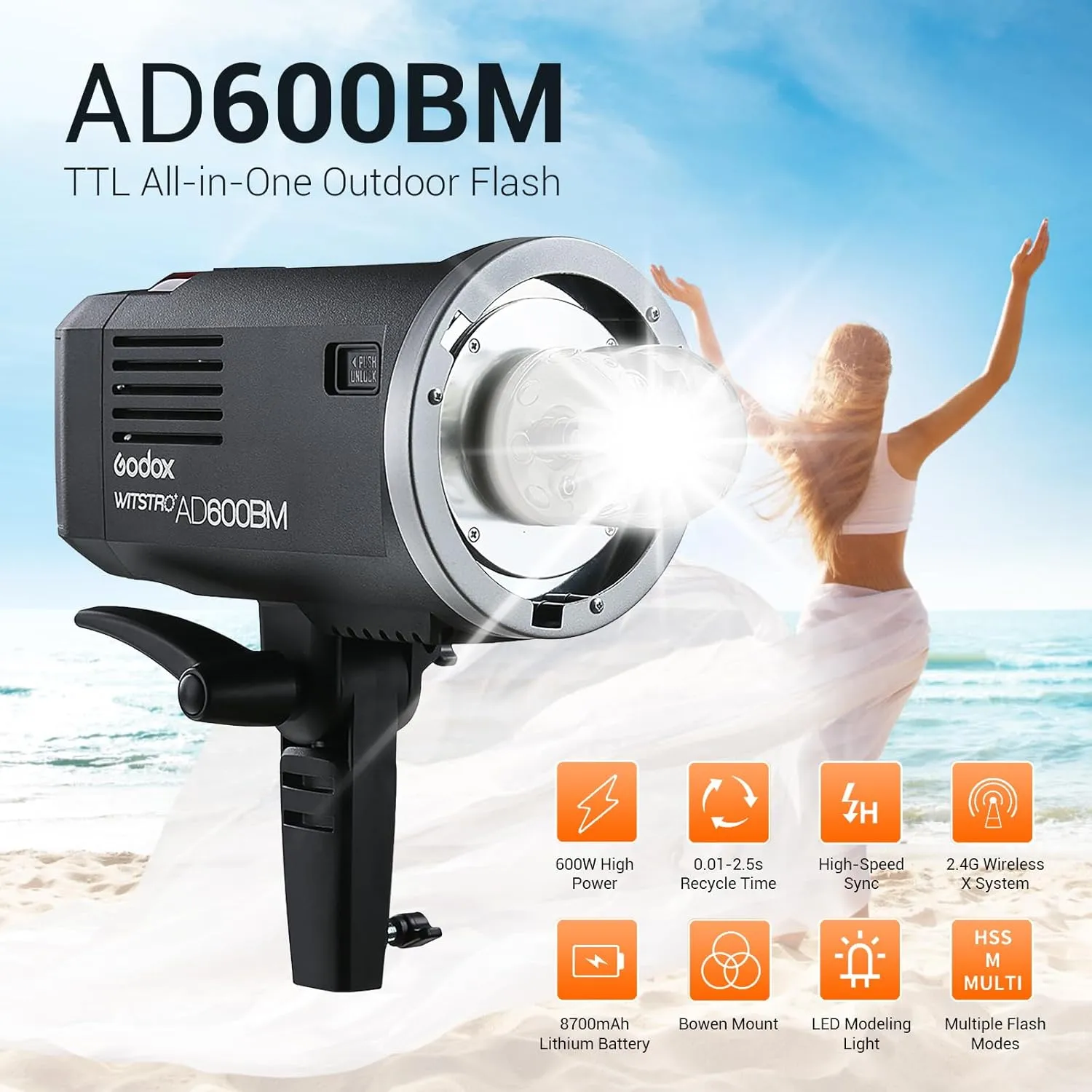 Godox AD600BM Bowens Mount Flash, 2.4G Wireless Outdoor Flash Strobe Light, GN87 600Ws Flash Monolight, 8700mAh Rechargeable Battery, Provide 500 Full Power Flashes, Recycle in 0.01-2.5s