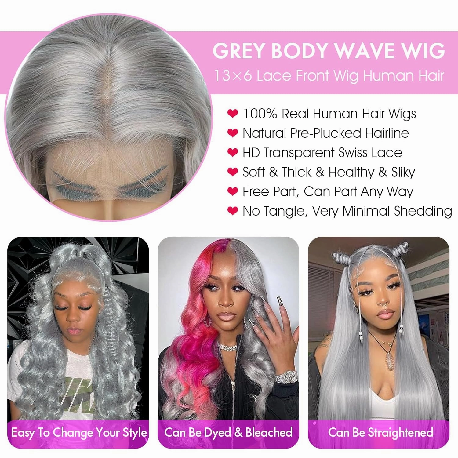 Grey Human Hair Wig 13x6 Grey Lace Front Wigs Human Hair 200% Density Pre Plucked Colored Body Wave HD Lace Frontal Wigs 30 Inch
