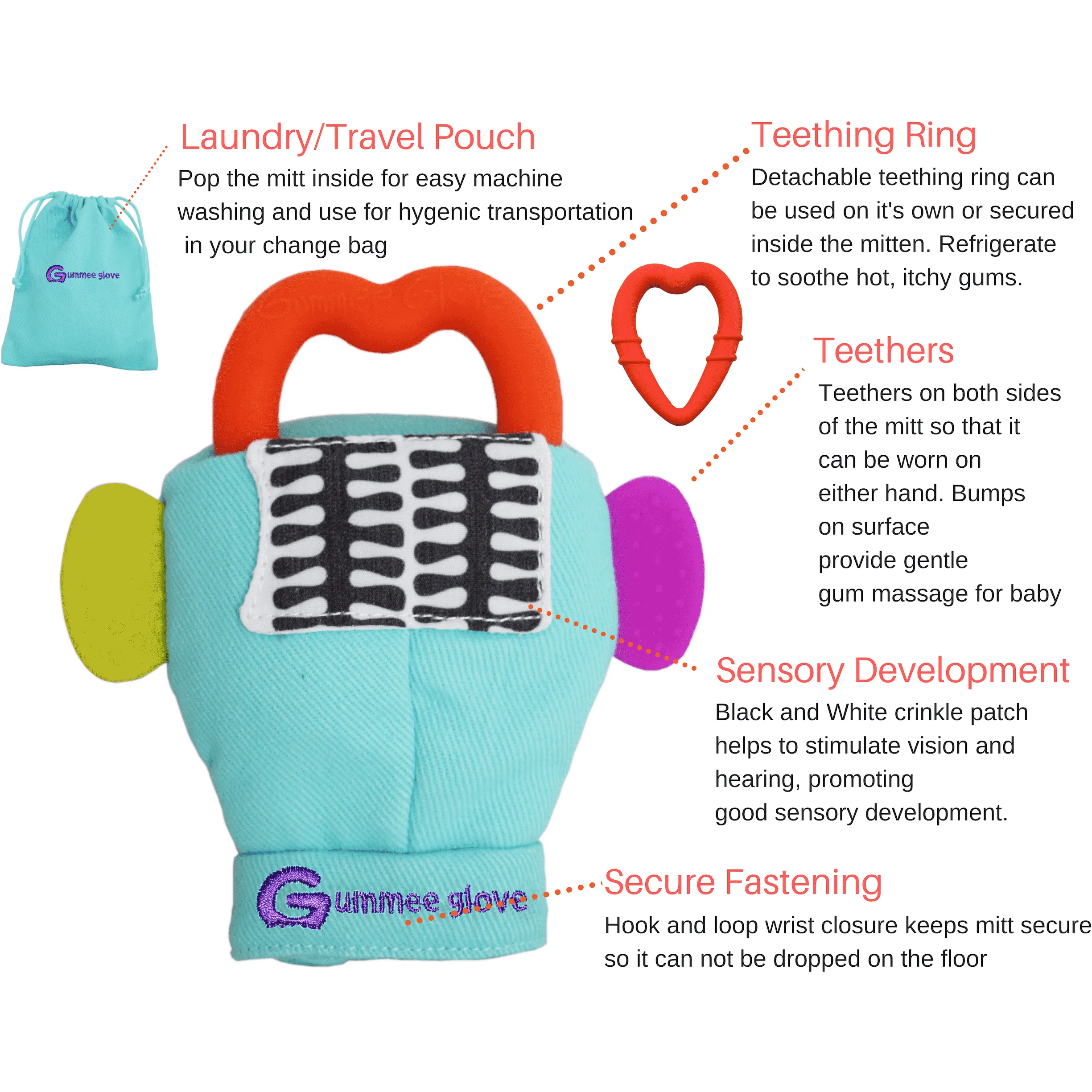 Gummee glove teething mitten Turquoise and Heart shaped ring