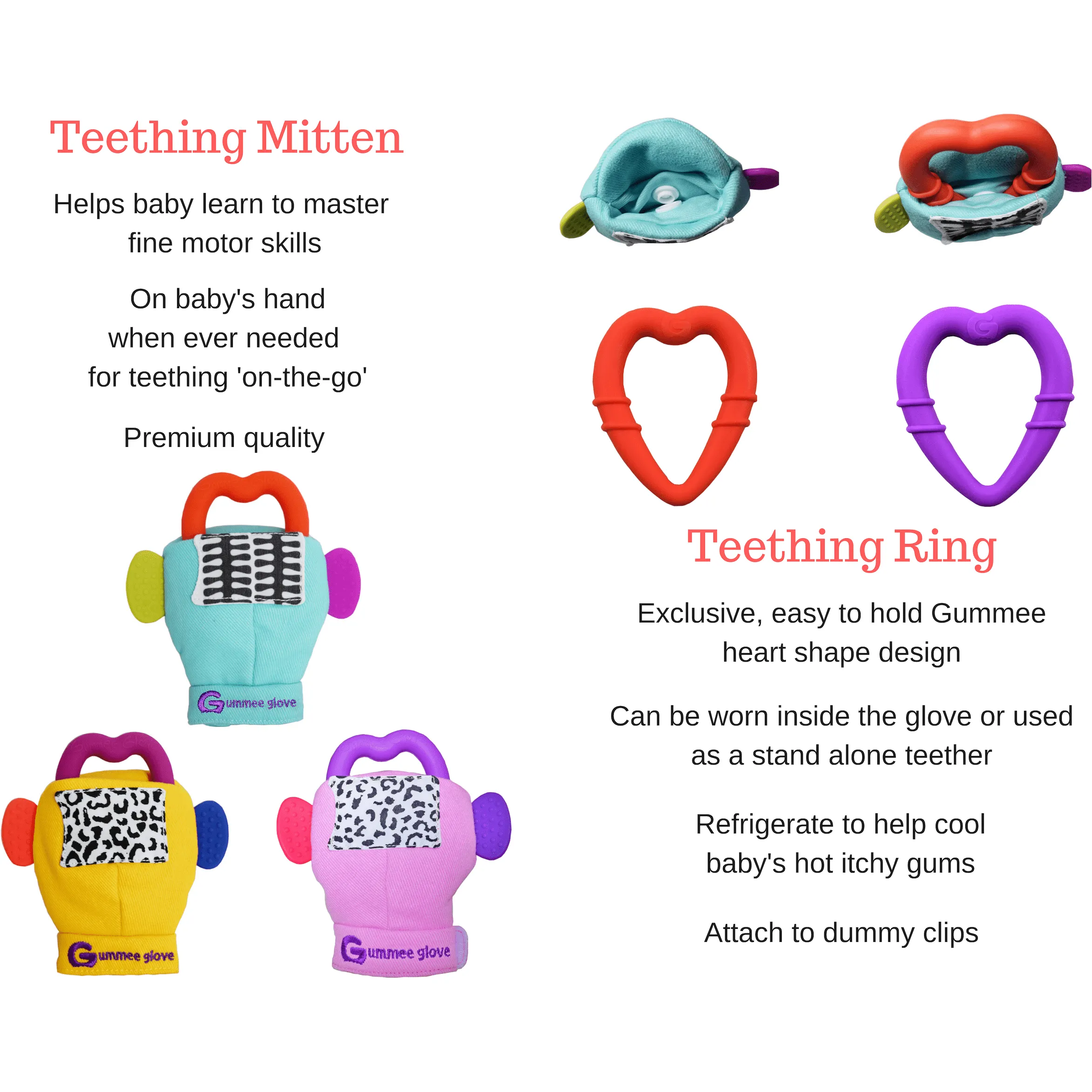 Gummee glove teething mitten Turquoise and Heart shaped ring