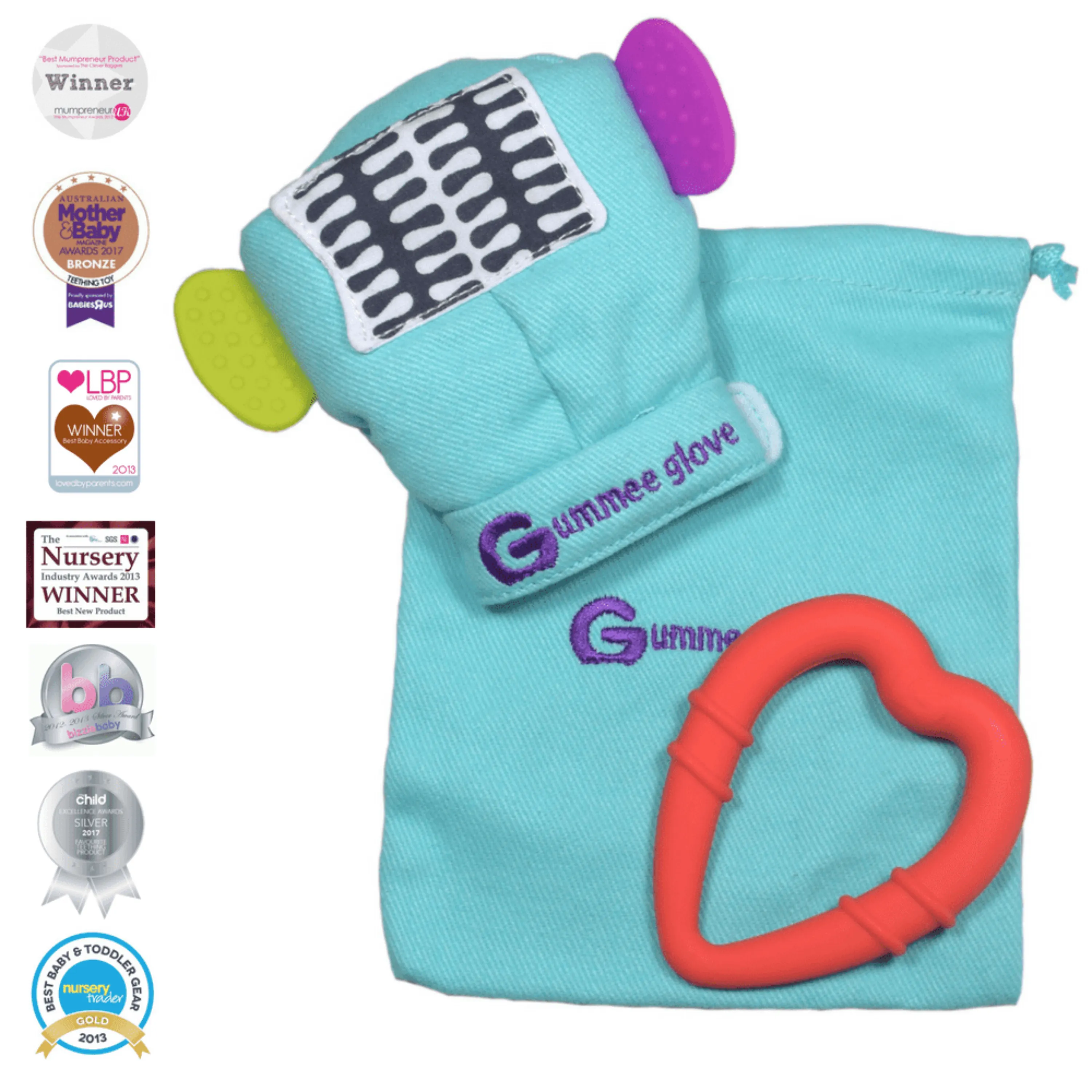 Gummee glove teething mitten Turquoise and Heart shaped ring