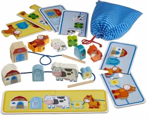 HABA On The Farm Wooden Lacing Toy & Fine Motor Skills Threading Game for Toddlers, Preschool Learning Toy for Ages 18 Months & Up with Wooden Lacing Figures & Templates – Made in Germany