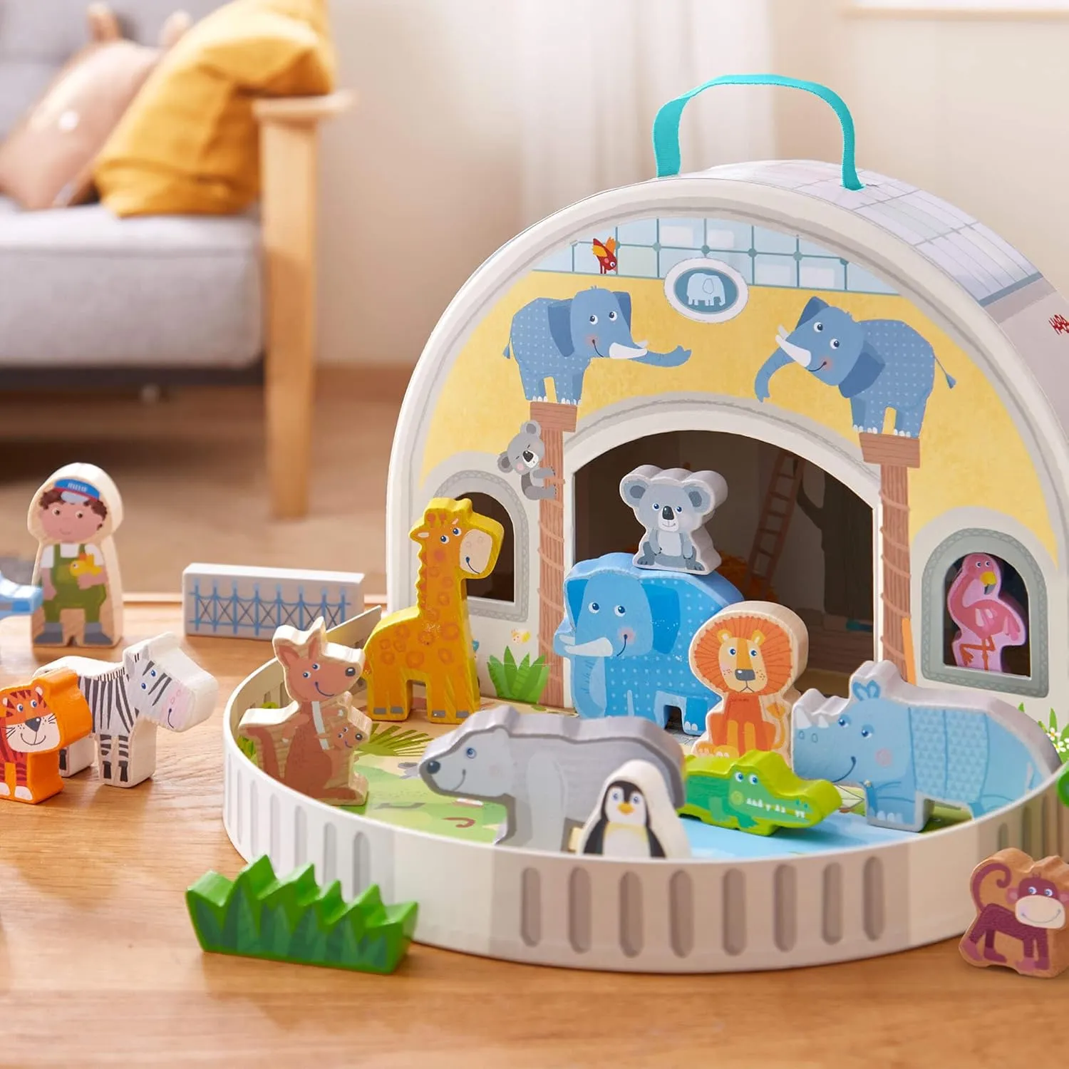 HABA Wooden Animal Playset - Play World at The Zoo, STEM Educational Toy with Zoo Animals & Accessories, Preschool Learning Toy for Ages 2 , Made in Germany